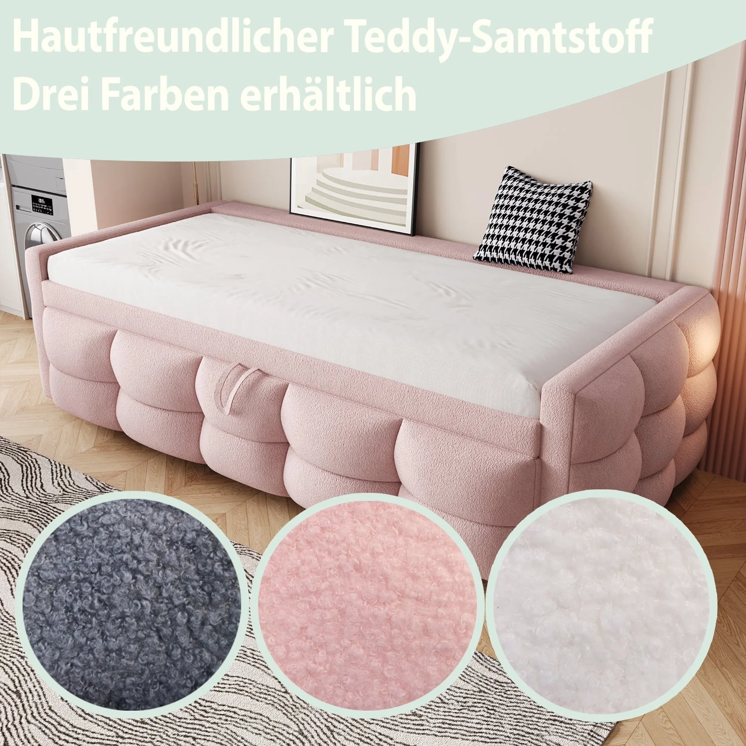 Upholstered Extendable Sofa Bed with Slatted Base, 90/180x190cm, Pink Teddy Velvet - Image 9