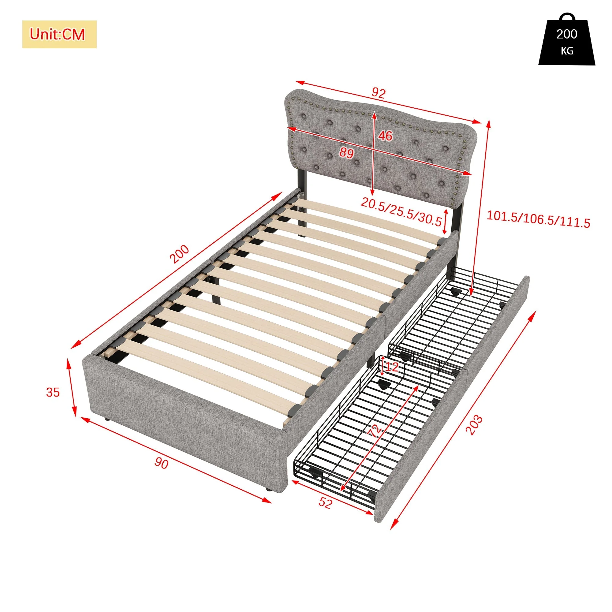 Upholstered Flat Bed 90x200cm Decorative Studs Double Drawers - Grey - Image 14