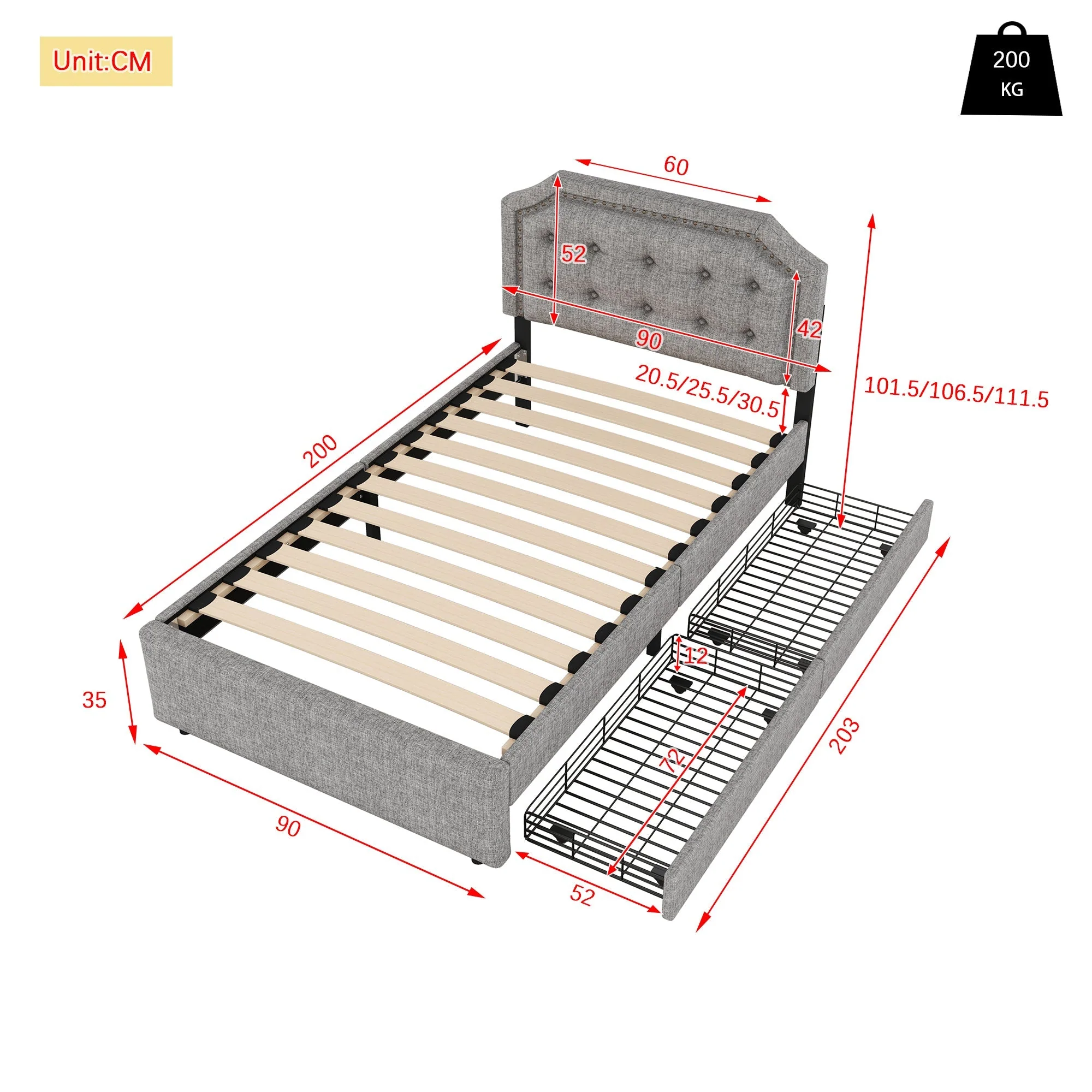 Upholstered Flat Bed 90x200cm Decorative Studs Double Drawers - Grey - Image 4
