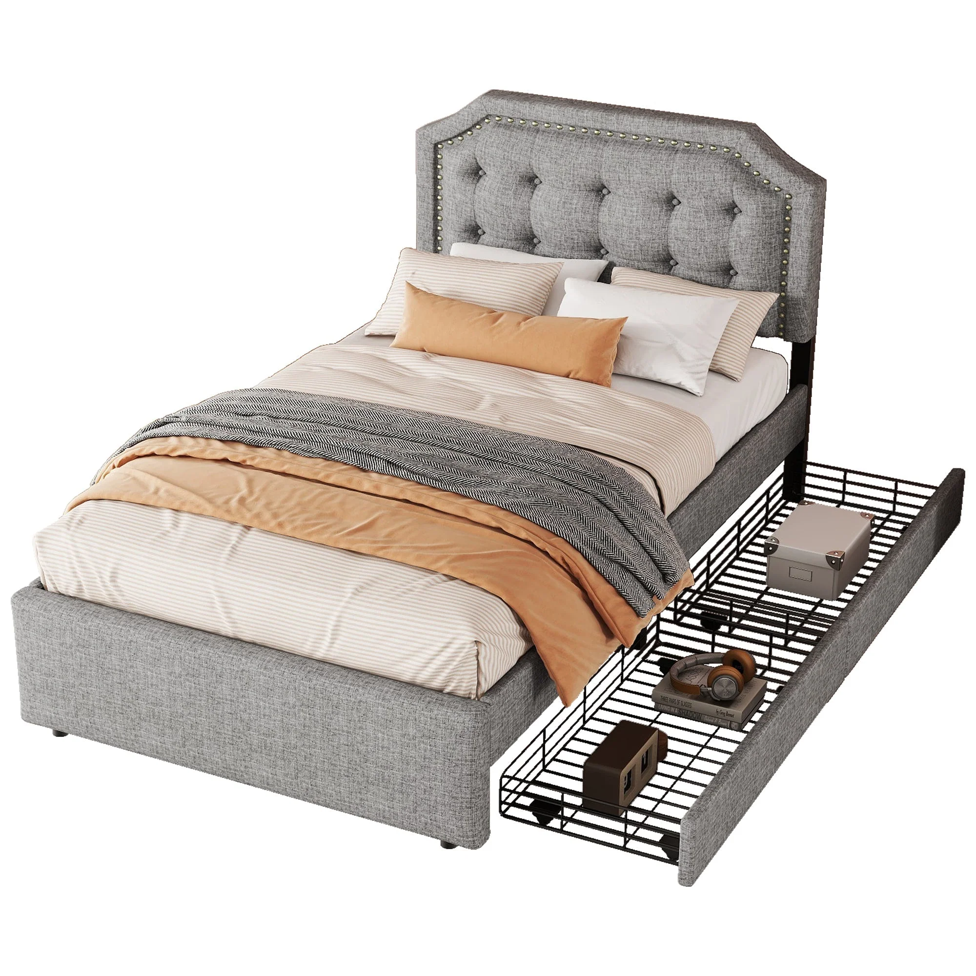 Upholstered Flat Bed 90x200cm Decorative Studs Double Drawers - Grey - Image 5