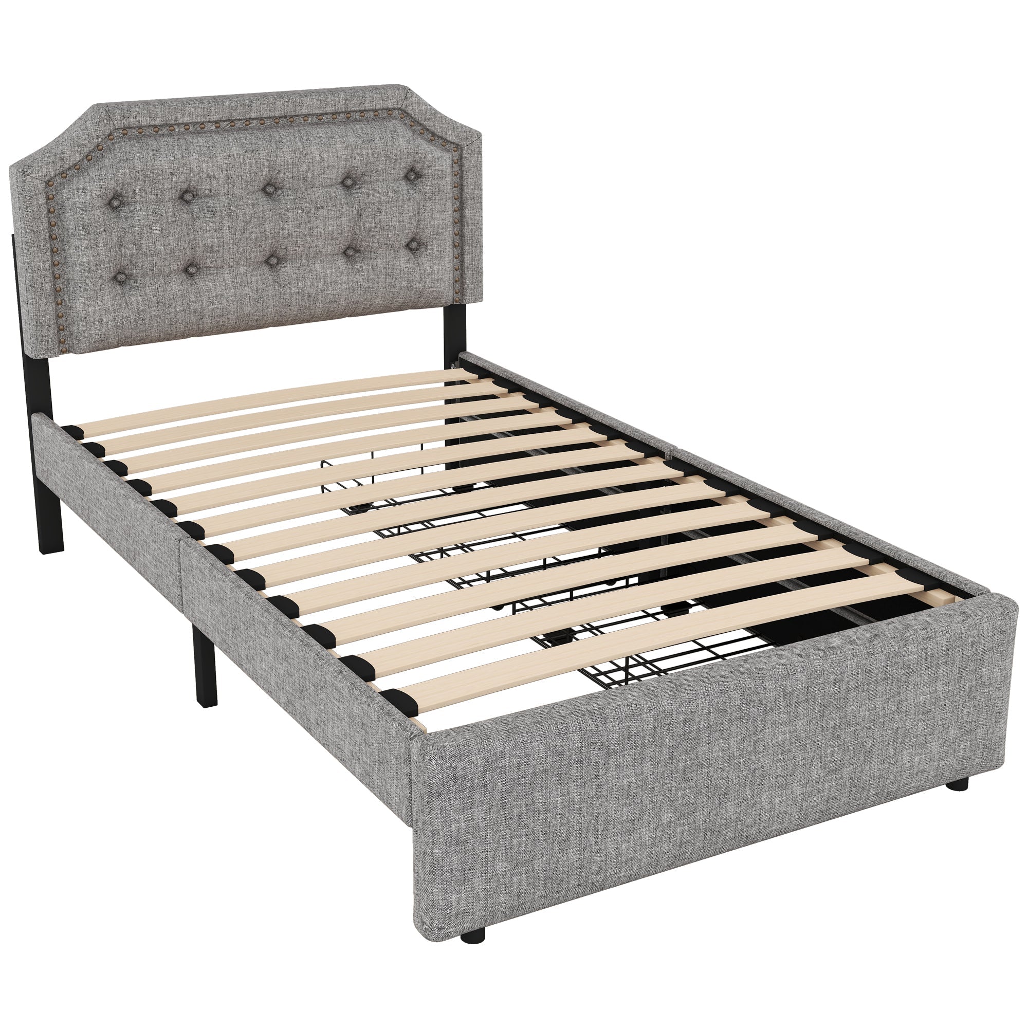 Upholstered Flat Bed 90x200cm Decorative Studs Double Drawers - Grey - Image 8