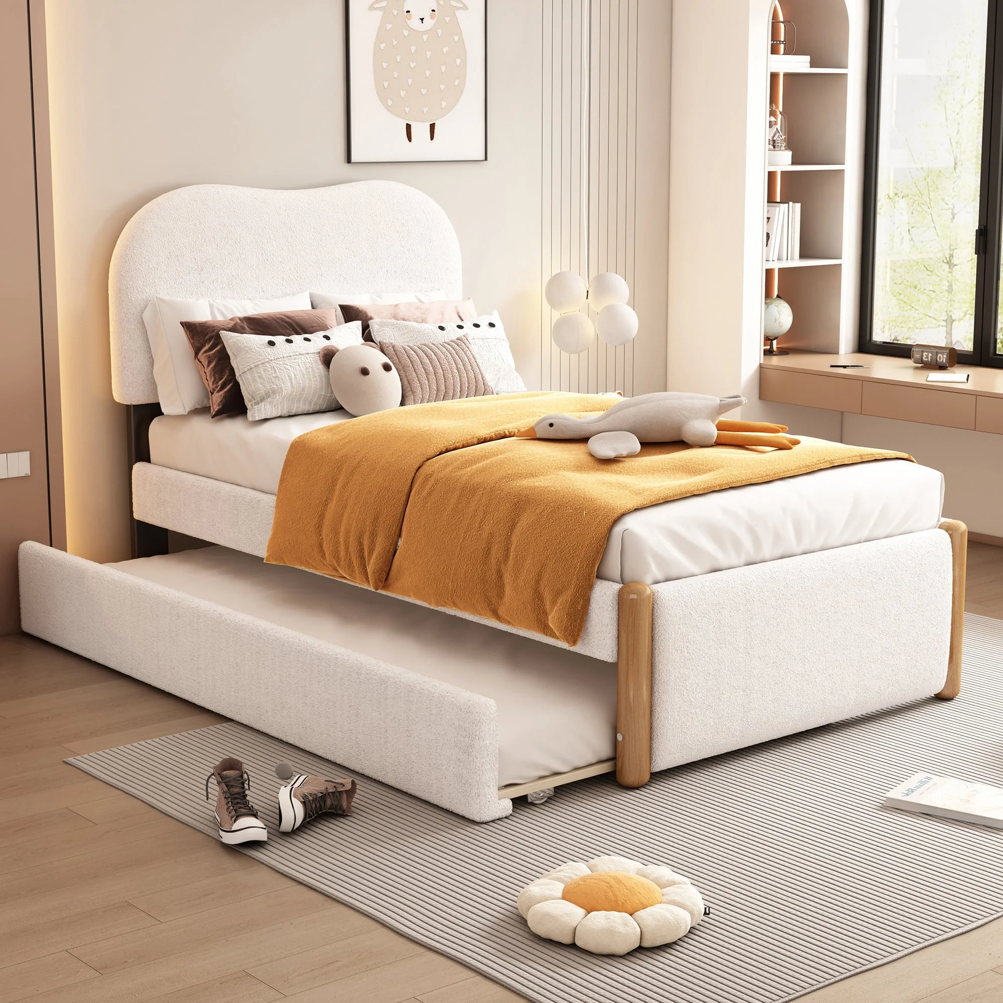 Upholstered Flat Bed with Pull-Out Trundle, 90x200cm, White Velvet - Image 3