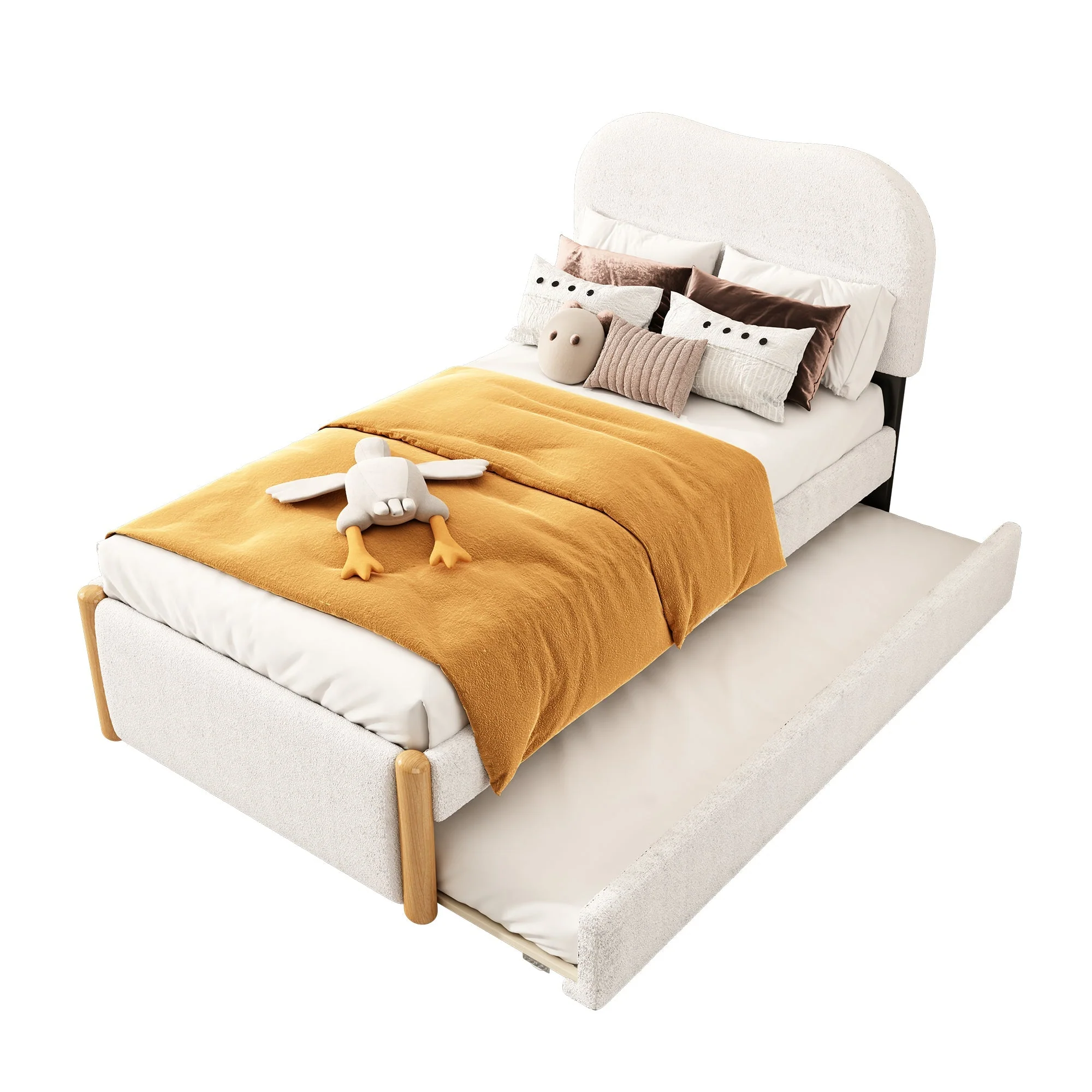 Upholstered Flat Bed with Pull-Out Trundle, 90x200cm, White Velvet - Image 5