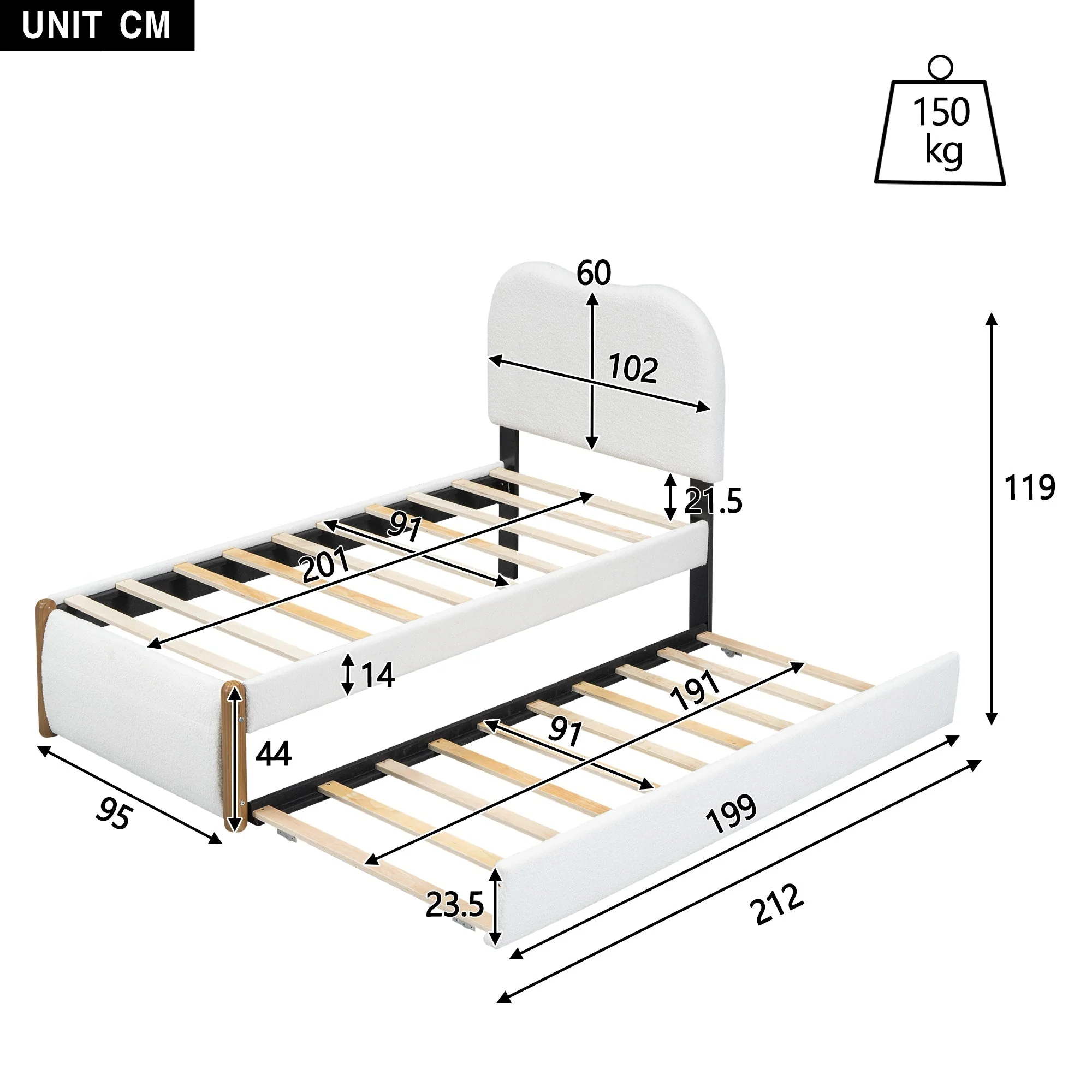 Upholstered Flat Bed with Pull-Out Trundle, 90x200cm, White Velvet - Image 6