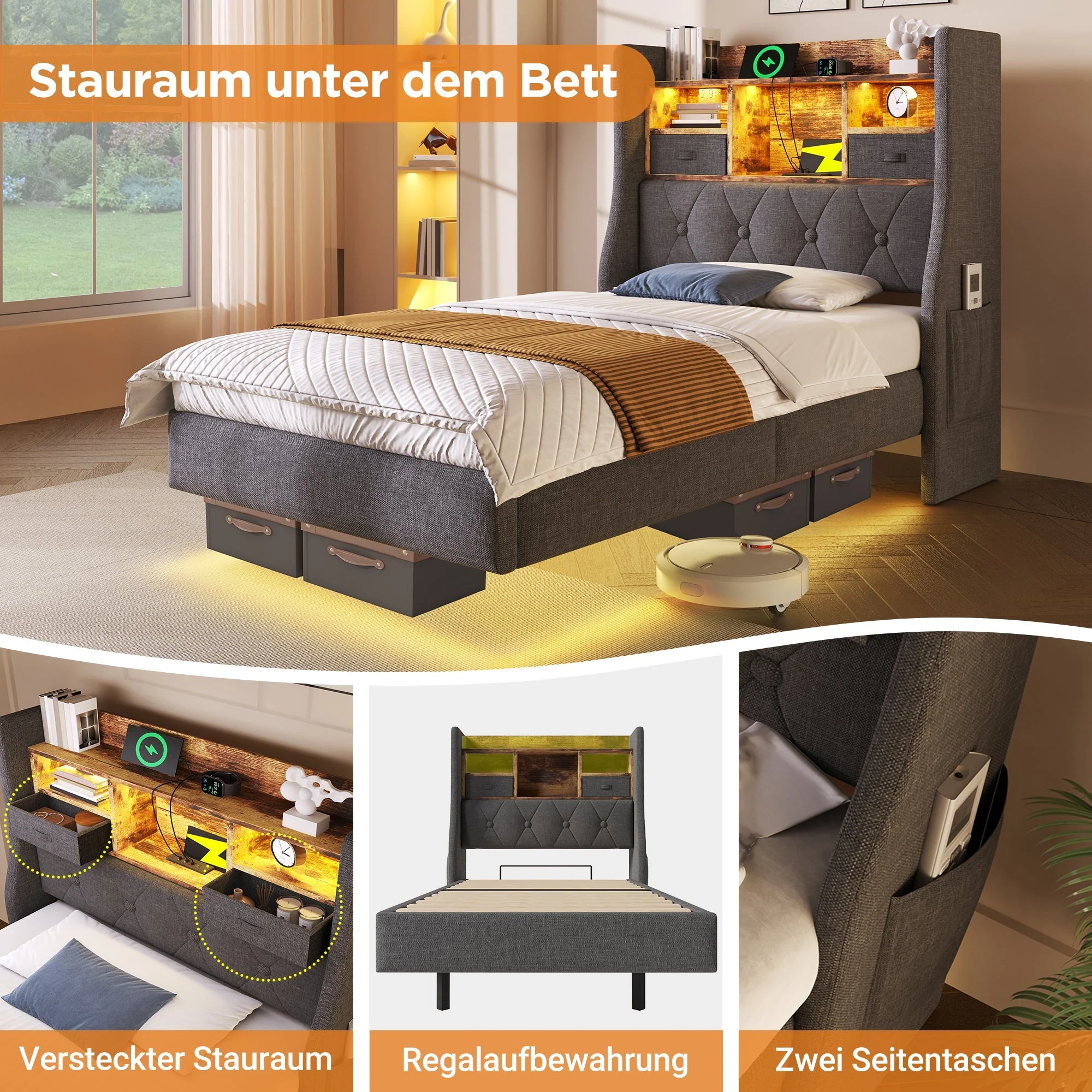 Upholstered Floating Bed 90x200cm LED/USB Charging Storage Headboard, Linen Grey - Image 5