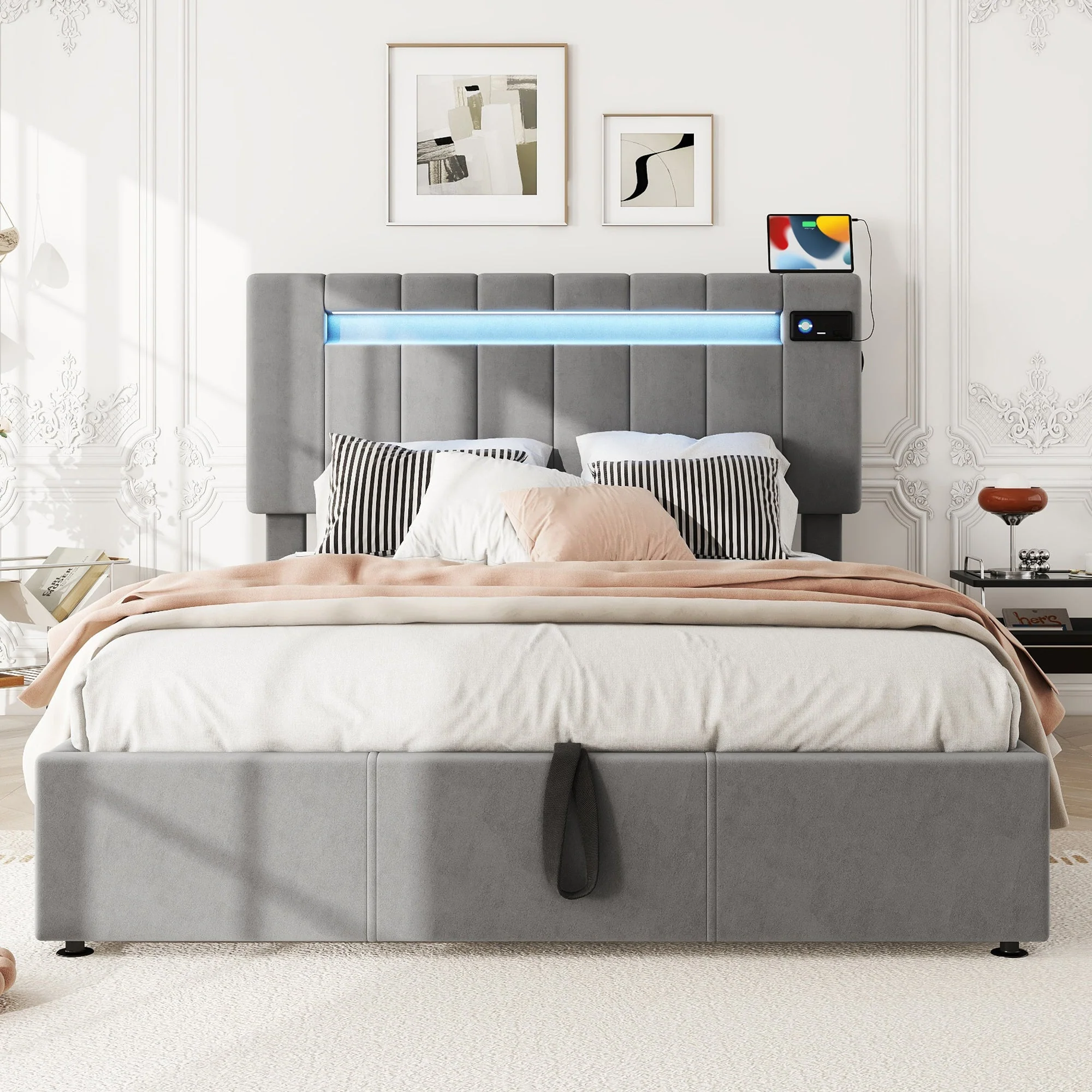 Upholstered Hydraulic Bed, 4ft6 Double 135x190cm, with Bluetooth Stereo, USB Port, LED Lights, Velvet+Iron, Grey - Image 5