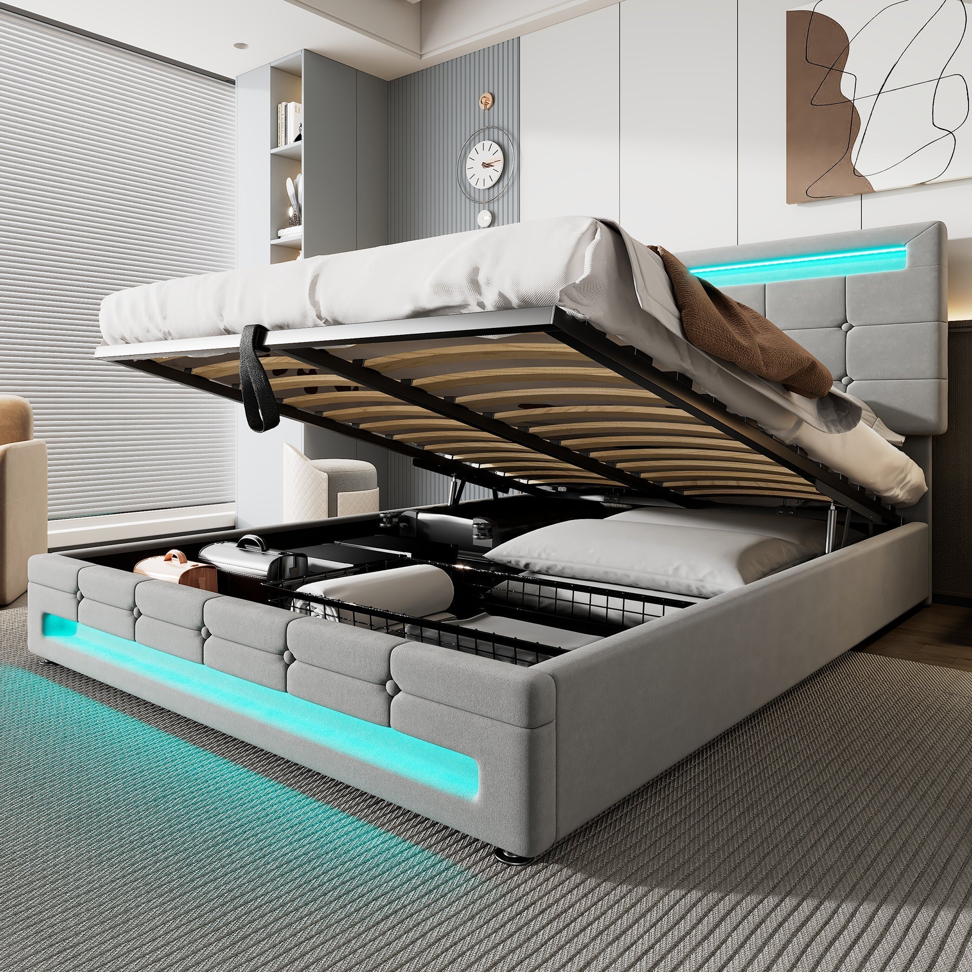 Upholstered Hydraulic Bed, 4ft6 Double 135x190cm with Square Embellishment and 7-Color LED Strips, Grey Velvet+Iron - Image 2