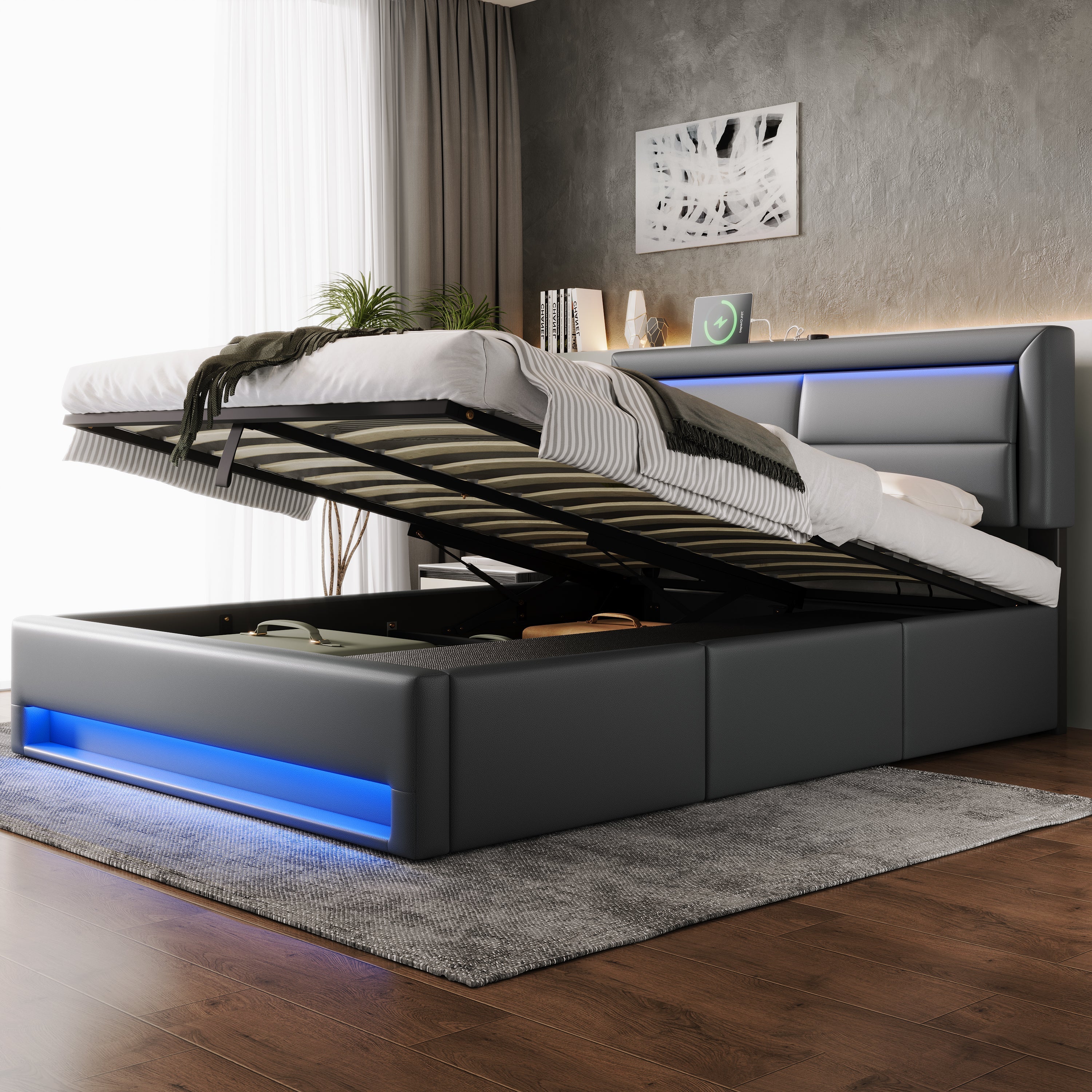 Upholstered Hydraulic Bed with USB, LED and 3 Storage Drawers, 140x190cm, Grey PU Leather - Image 4