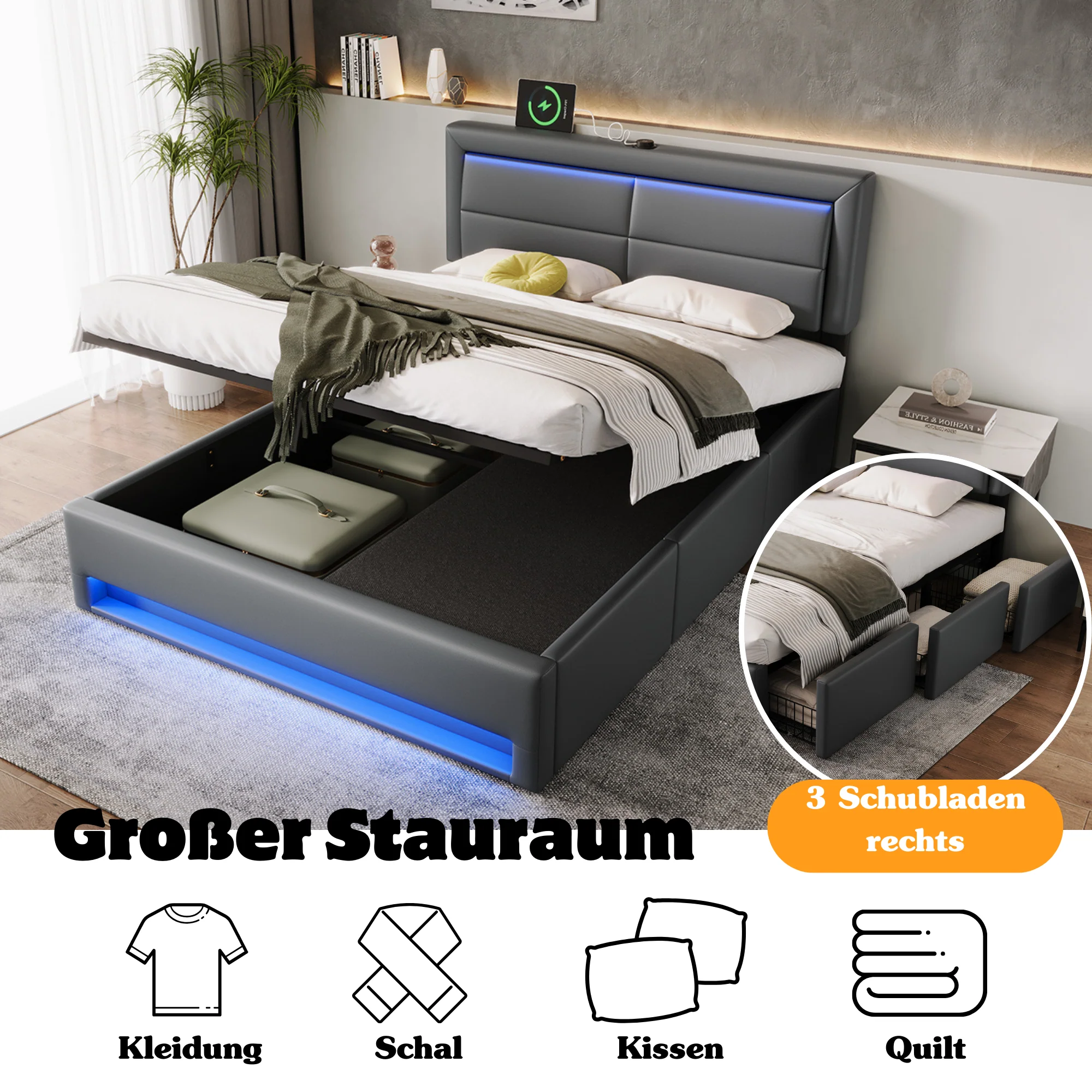 Upholstered Hydraulic Bed with USB, LED and 3 Storage Drawers, 140x190cm, Grey PU Leather - Image 6
