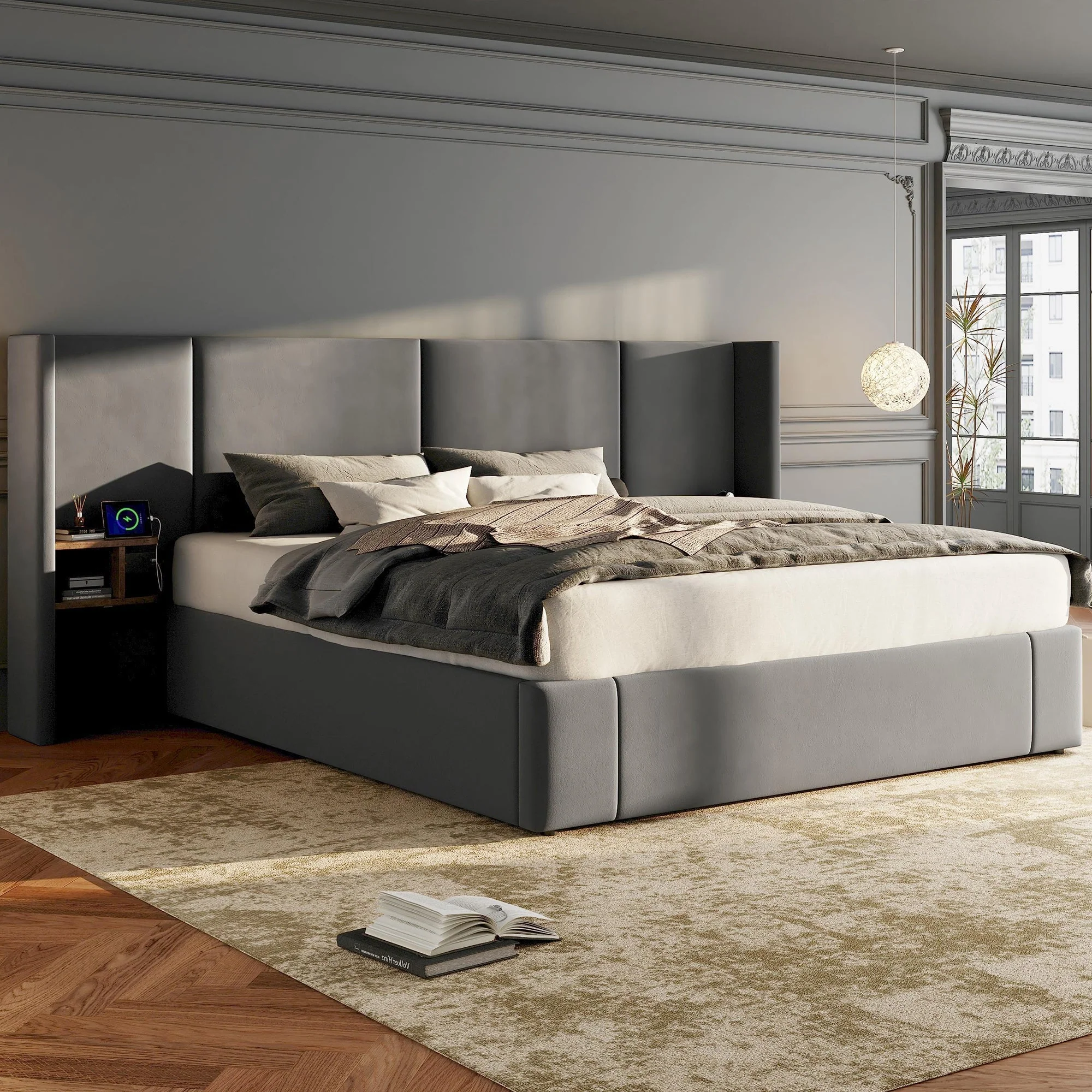 Upholstered King Size 5ft (150*200cm) Ottoman Lift Up Bed Frame with USB, Sockets & Bedside Tables, Velvet Grey