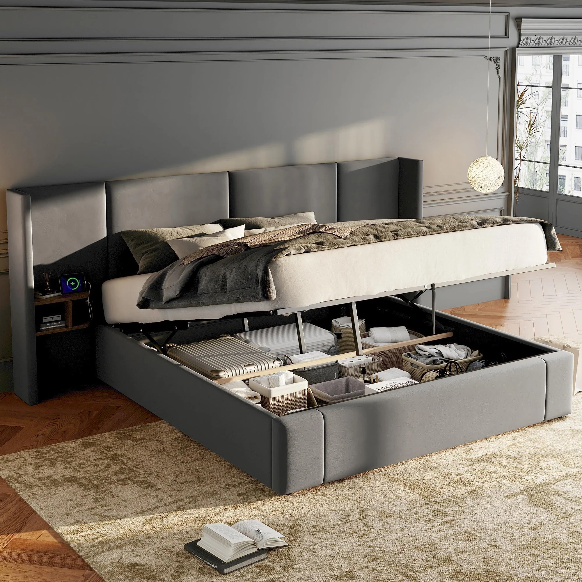Upholstered King Size 5ft (150*200cm) Ottoman Lift Up Bed Frame with USB, Sockets & Bedside Tables, Velvet Grey - Image 2