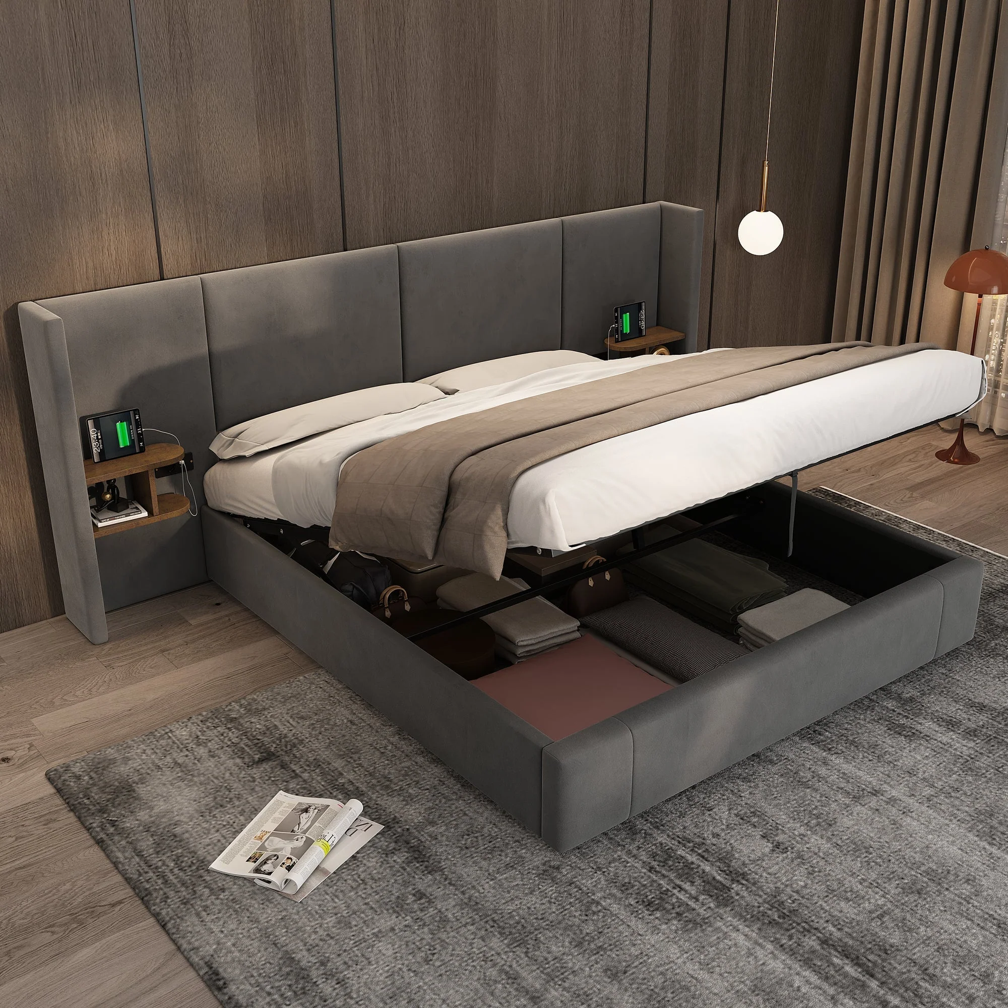 Upholstered King Size 5ft (150*200cm) Ottoman Lift Up Bed Frame with USB, Sockets & Bedside Tables, Velvet Grey - Image 4