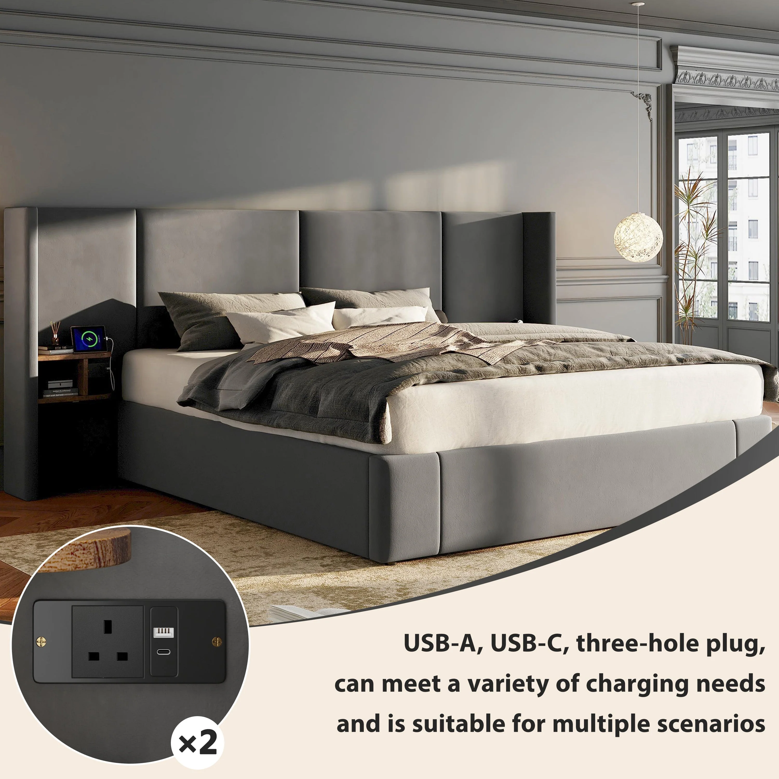 Upholstered King Size 5ft (150*200cm) Ottoman Lift Up Bed Frame with USB, Sockets & Bedside Tables, Velvet Grey - Image 6
