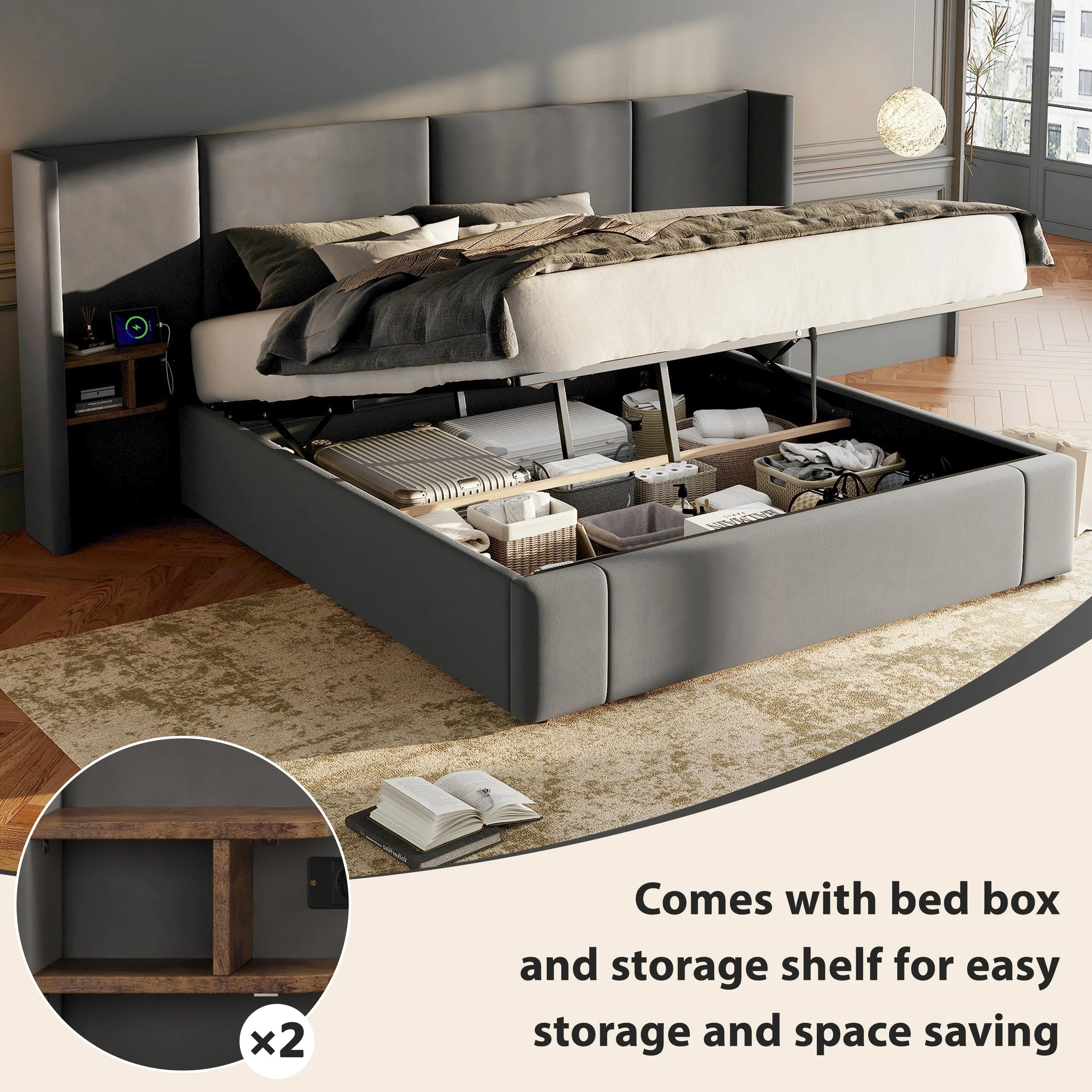 Upholstered King Size 5ft (150*200cm) Ottoman Lift Up Bed Frame with USB, Sockets & Bedside Tables, Velvet Grey - Image 7