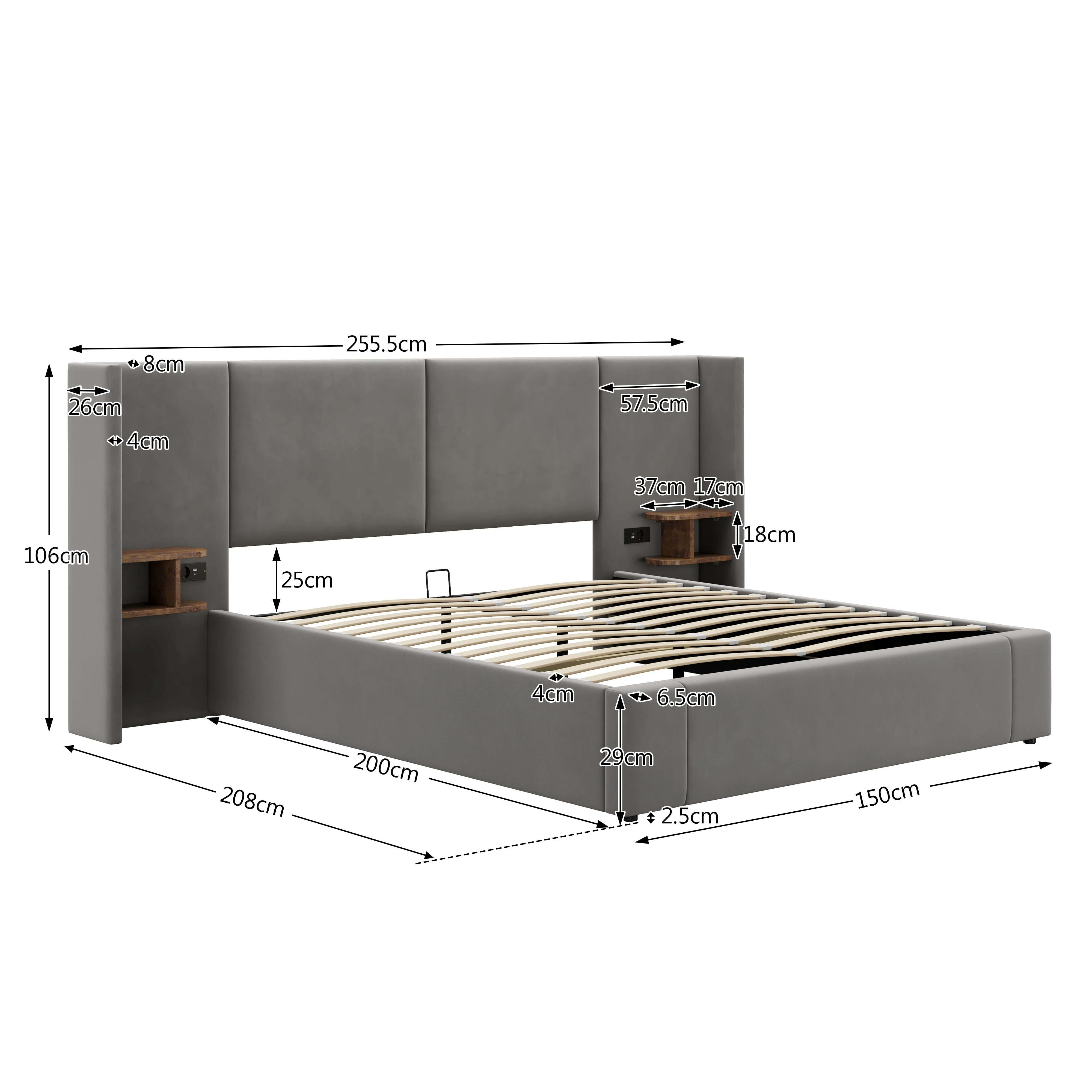 Upholstered King Size 5ft (150*200cm) Ottoman Lift Up Bed Frame with USB, Sockets & Bedside Tables, Velvet Grey - Image 8