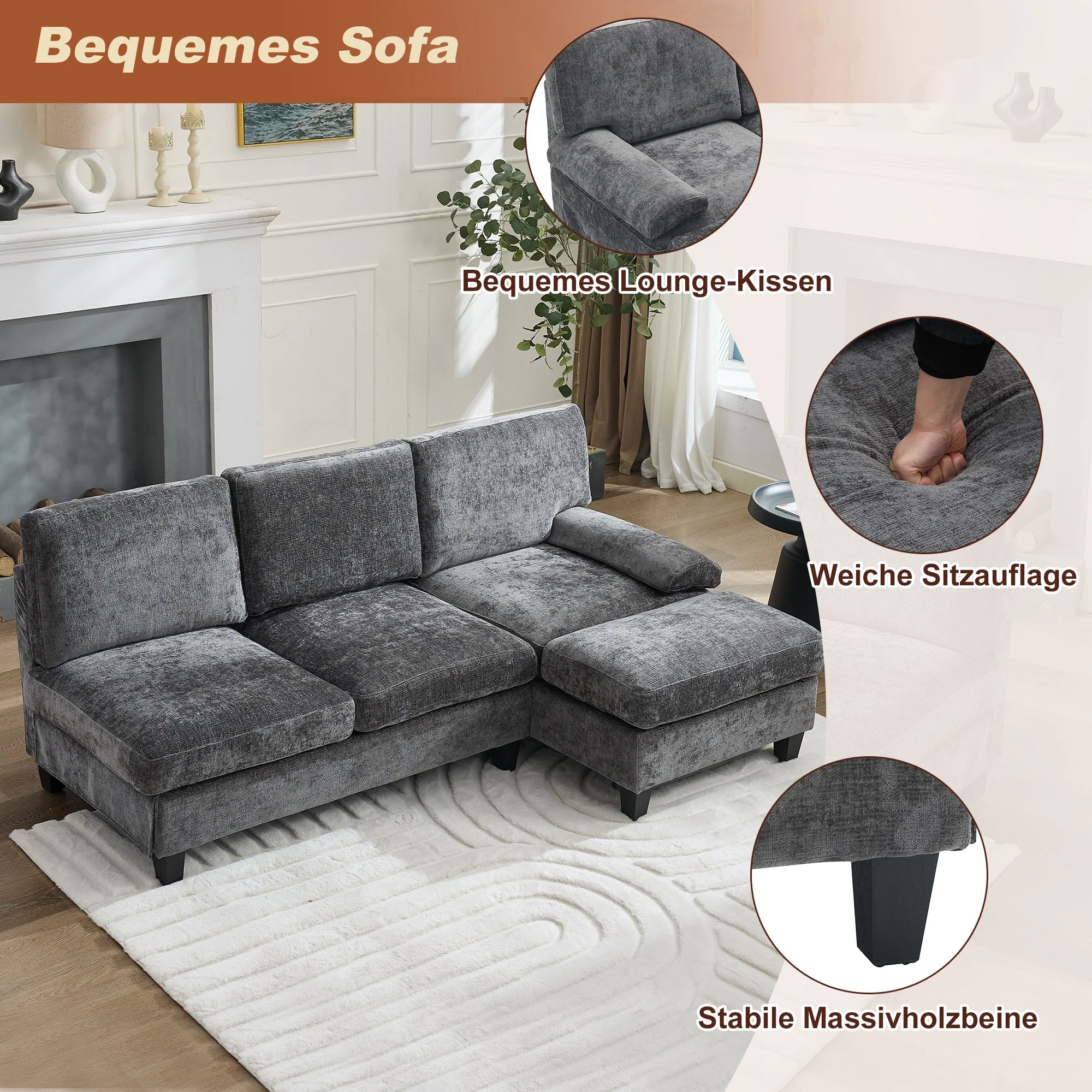 Upholstered L-Shaped Sleeper Sofa 3-Seater Corner 194x118x81cm - Grey - Image 8