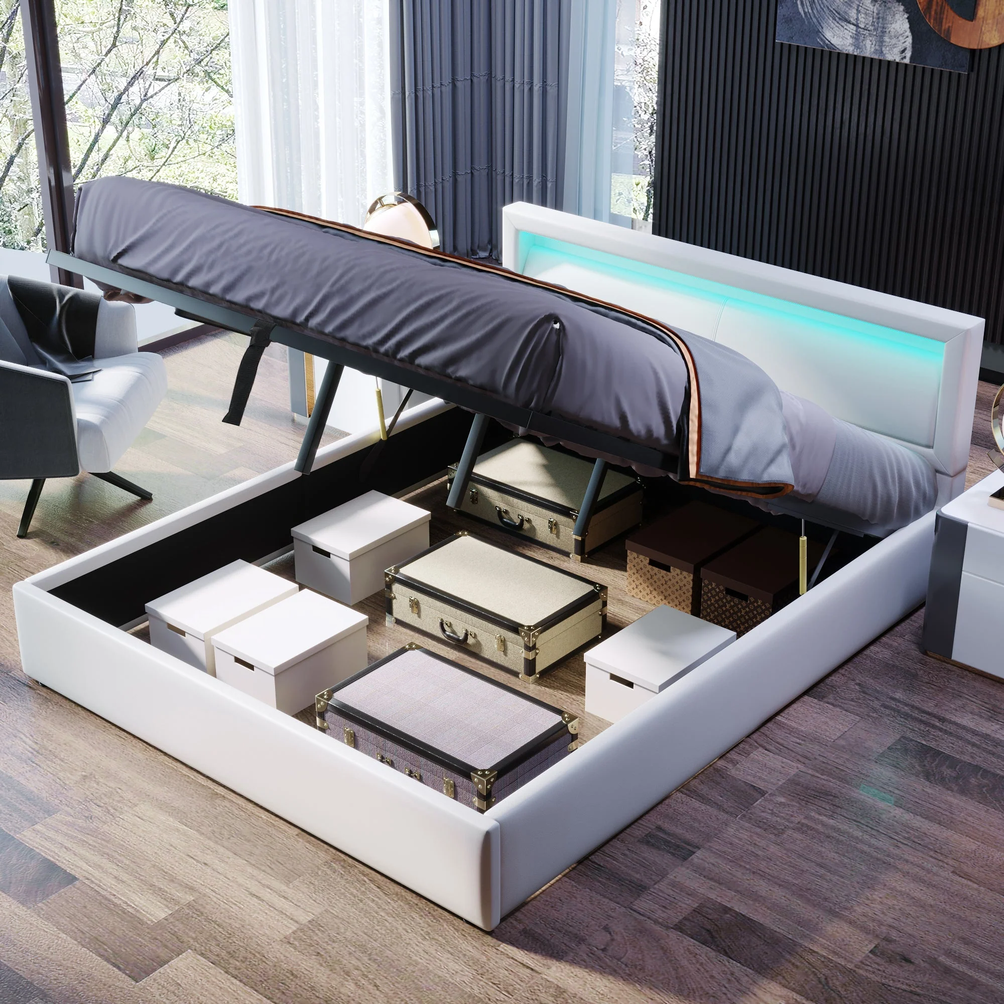 Upholstered LED Bed 140x190cm Storage & Illuminated Headboard Faux Leather White - Image 4