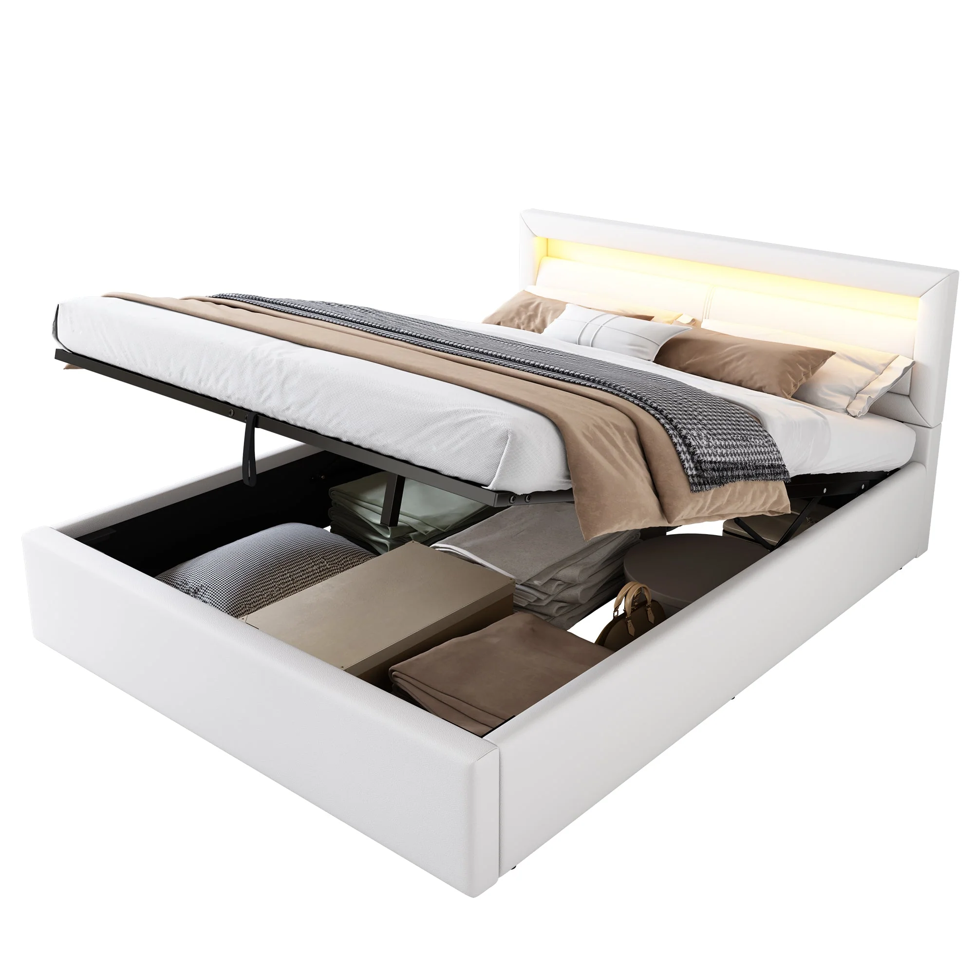 Upholstered LED Bed 140x190cm Storage & Illuminated Headboard Faux Leather White - Image 7
