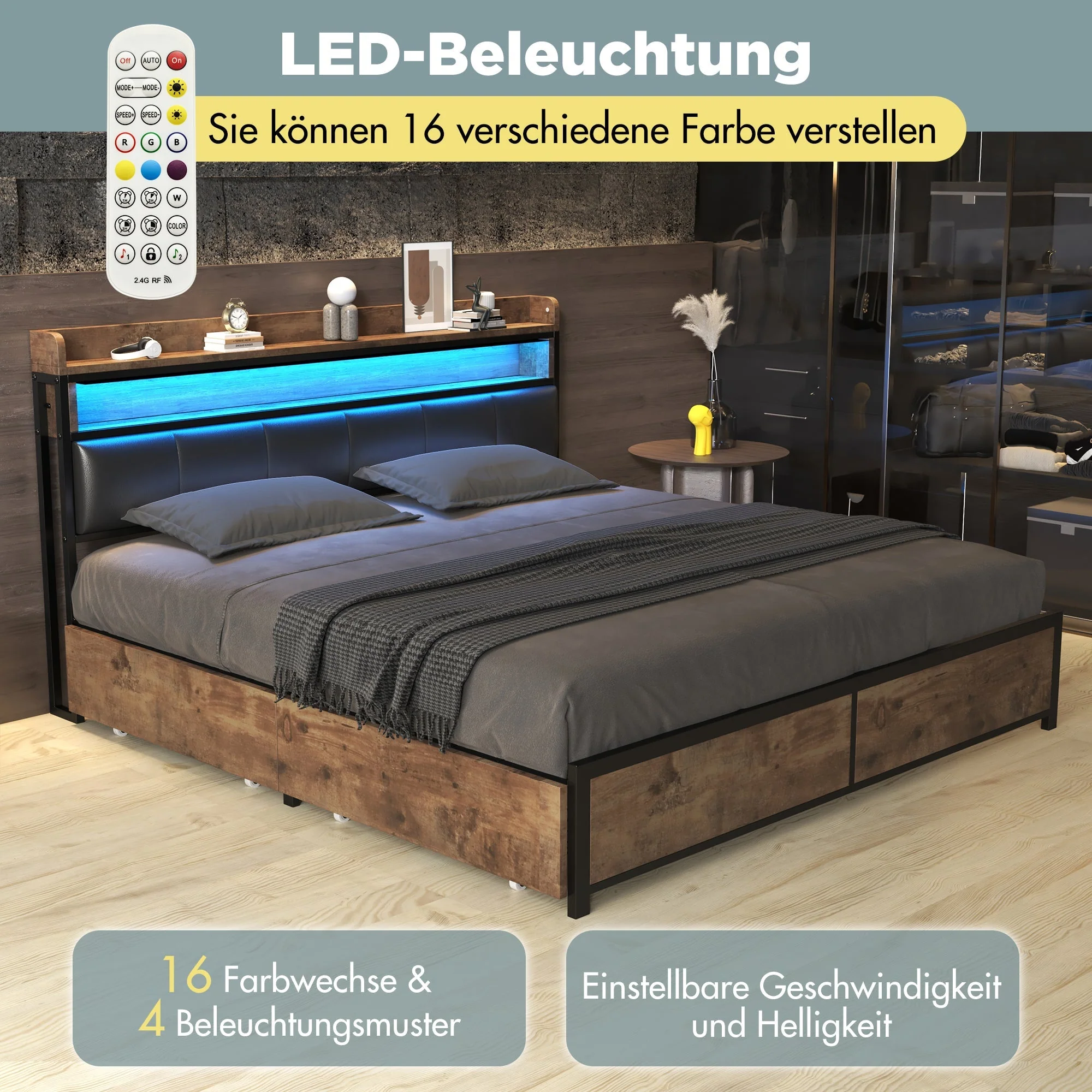 Upholstered LED Bed with 4 Drawers and Slatted Base, 160x200cm, Black PU - Image 7