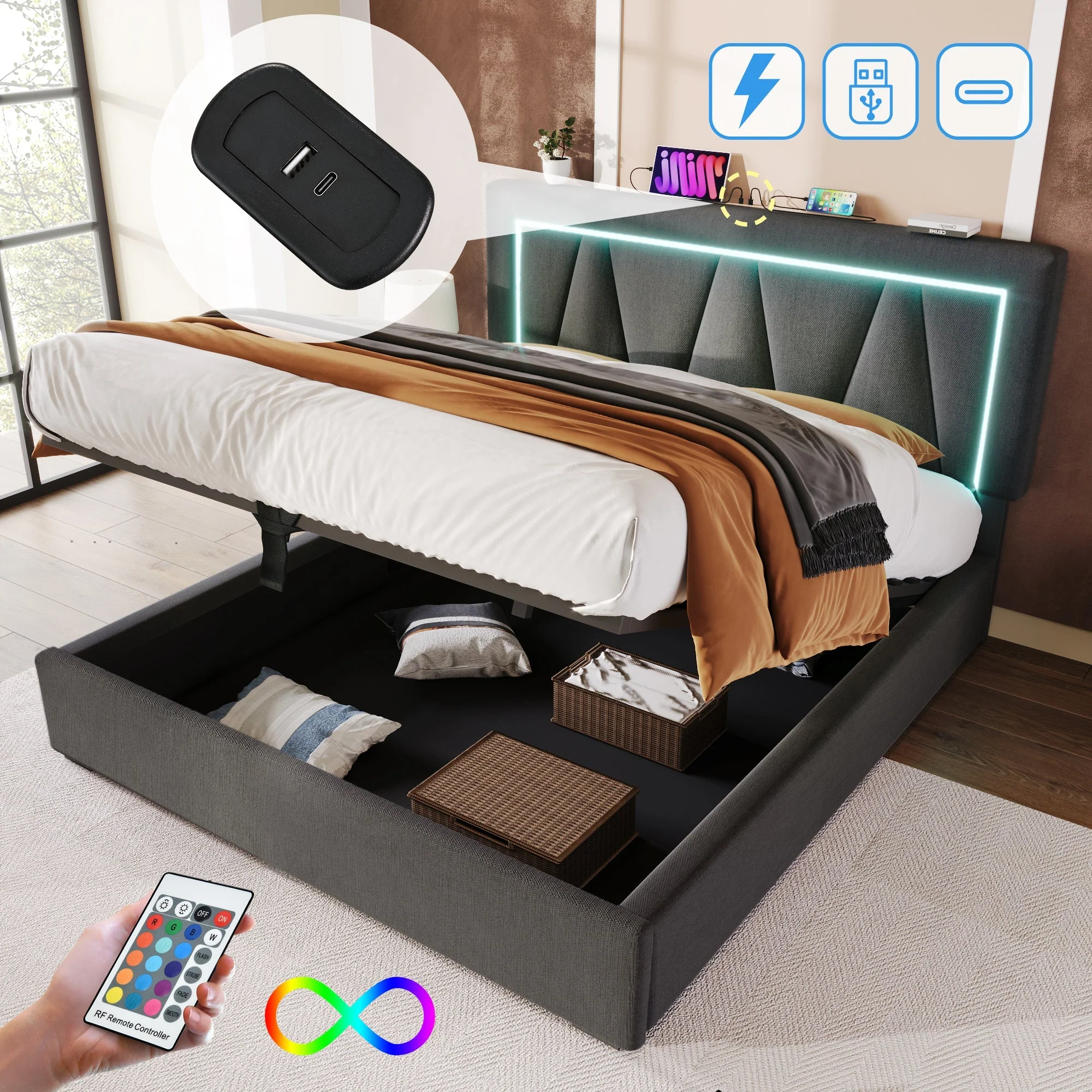 Upholstered LED Double Bed with USB Type C Charging and Storage, 160x200cm, Grey Linen