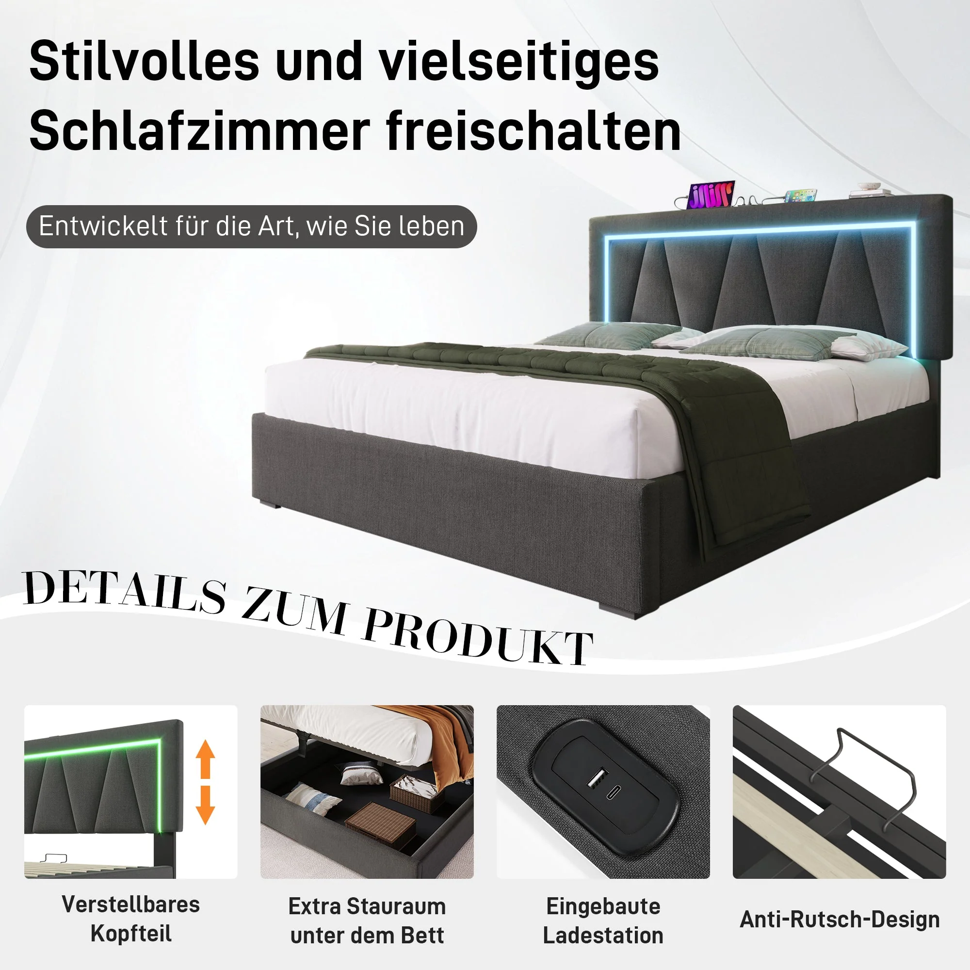 Upholstered LED Double Bed with USB Type C Charging and Storage, 160x200cm, Grey Linen - Image 7