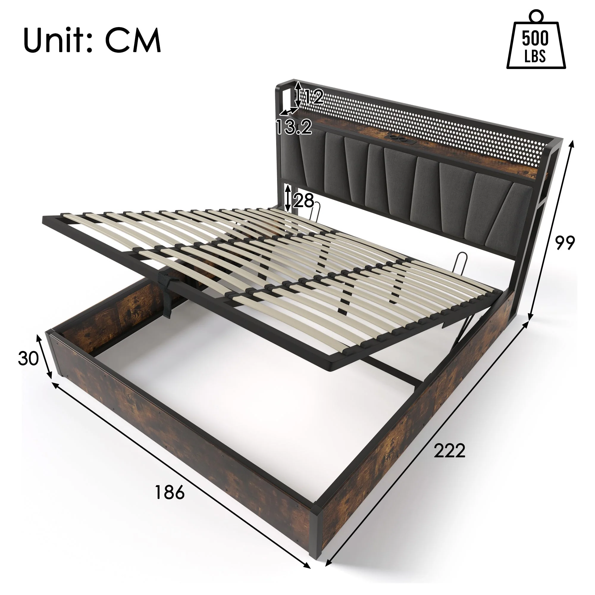 Upholstered Metal Bed, LED App-Control Double with USB, Gray - Image 2