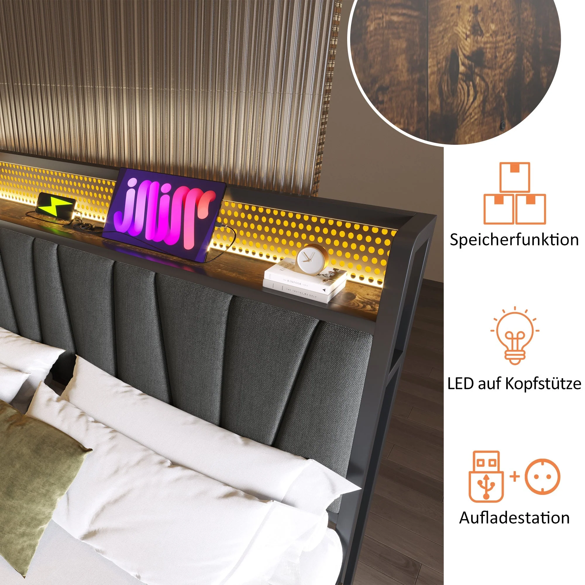 Upholstered Metal Bed, LED App-Control Double with USB, Gray - Image 3