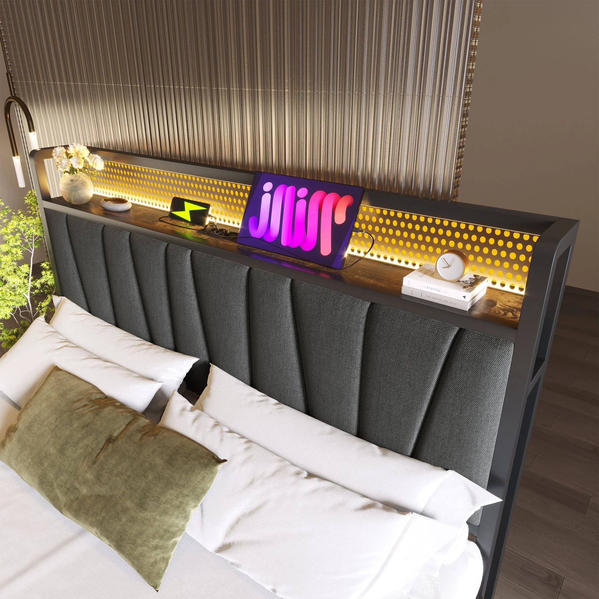 Upholstered Metal Bed, LED App-Control Double with USB, Gray - Image 9