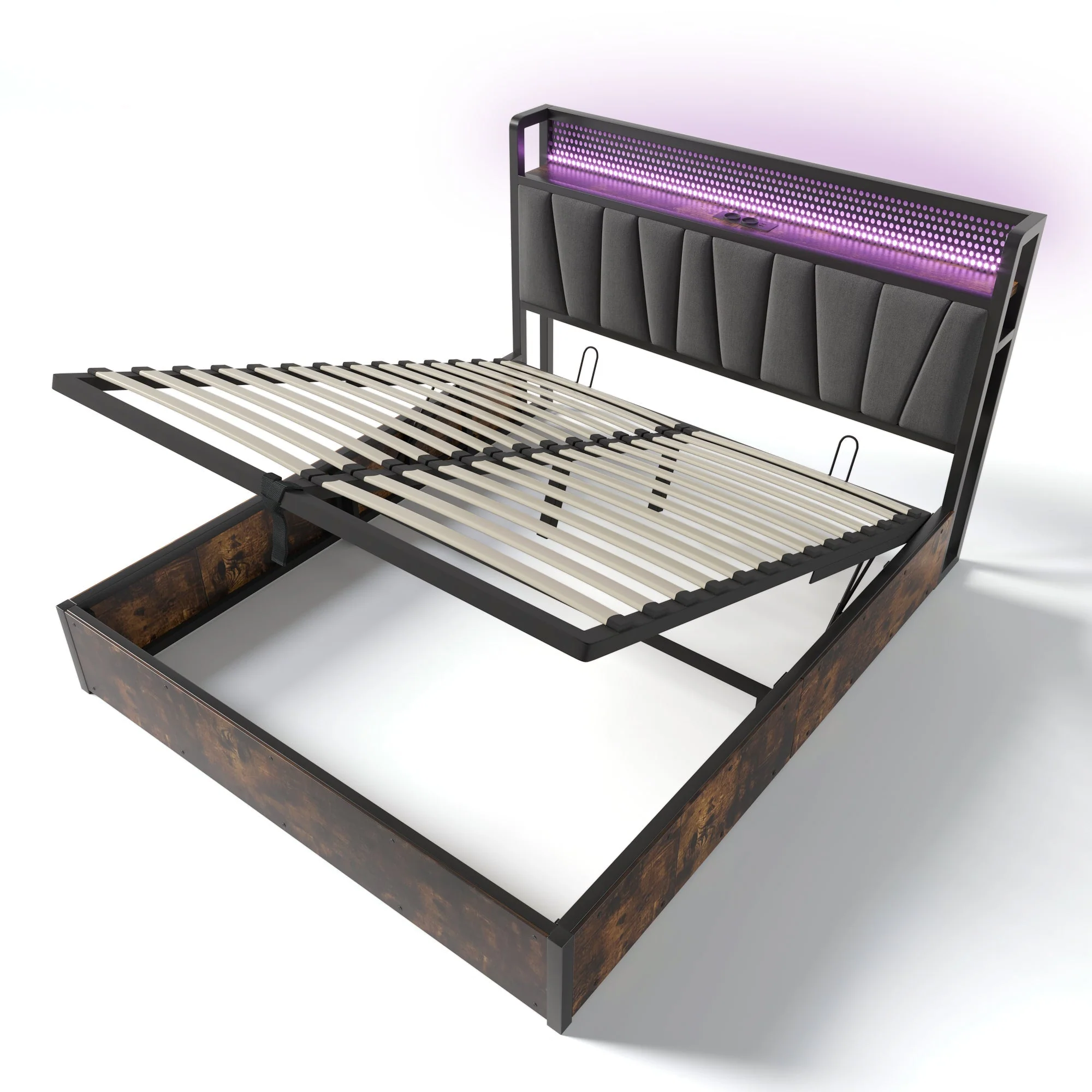 Upholstered Metal Bed, LED App-Control, USB Charging, 140x200cm, Gray - Image 10
