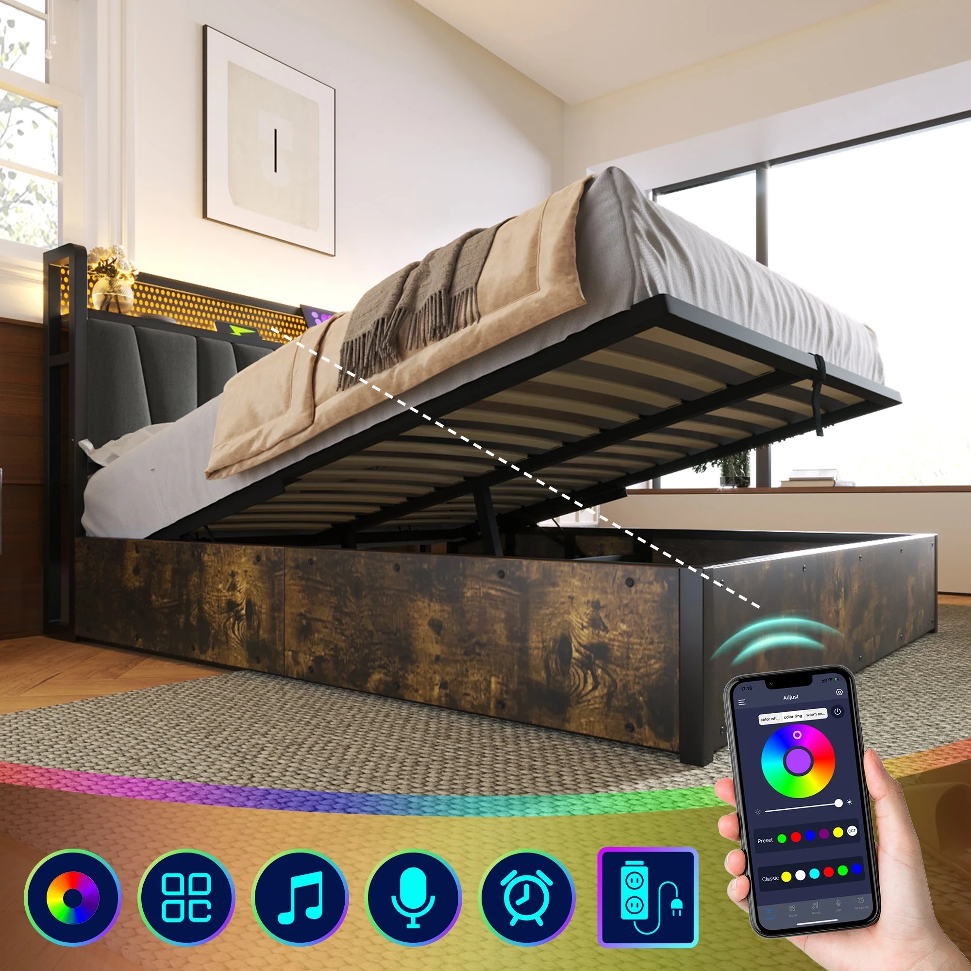 Upholstered Metal Bed, LED App-Control, USB Charging, Double 140x200cm, Gray - Image 5