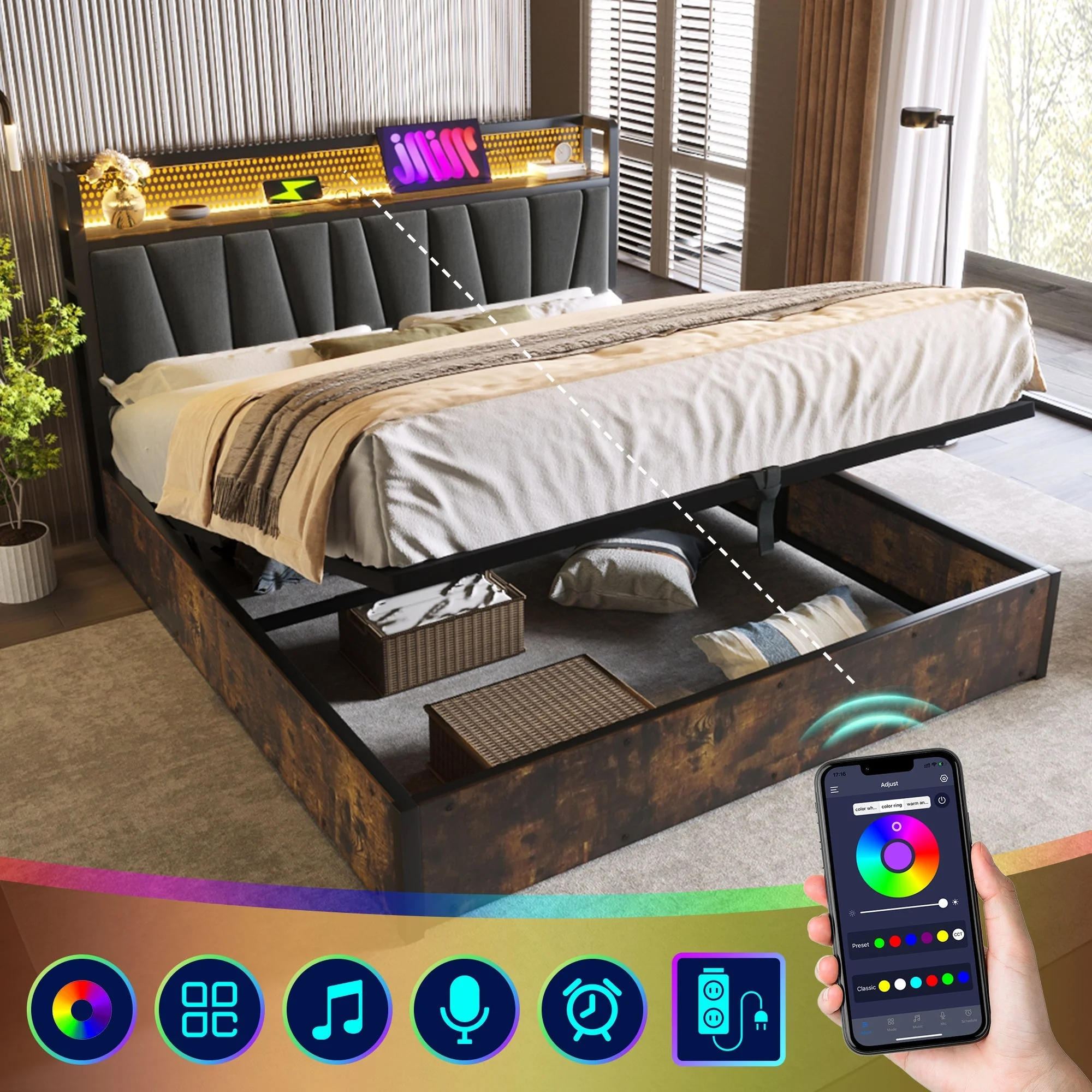 Upholstered Metal Bed, LED App-Control, USB Charging, Headboard & Lighting, Gray - Image 5