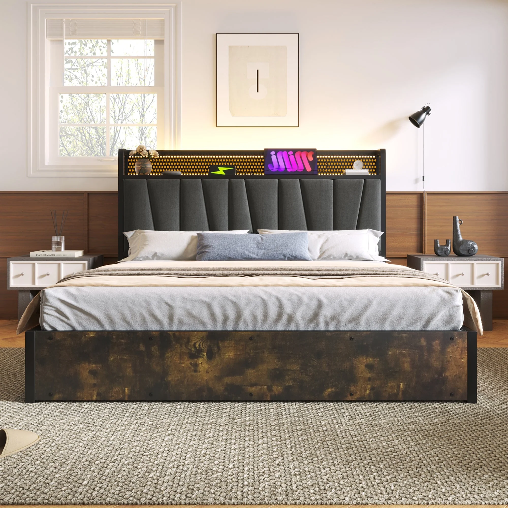 Upholstered Metal Bed with LED App Control, USB Charging and Headboard, 180x200cm, Grey - Image 4