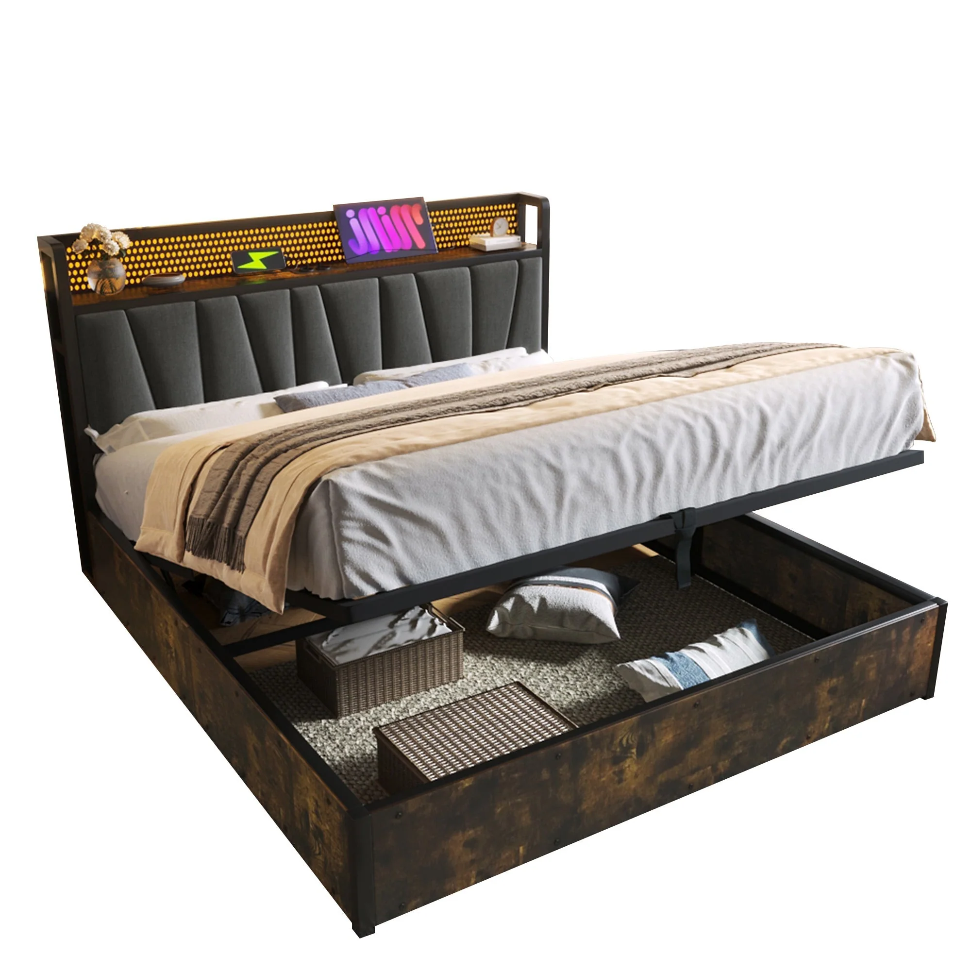 Upholstered Metal Bed with LED App Control, USB Charging and Headboard, 180x200cm, Grey - Image 5