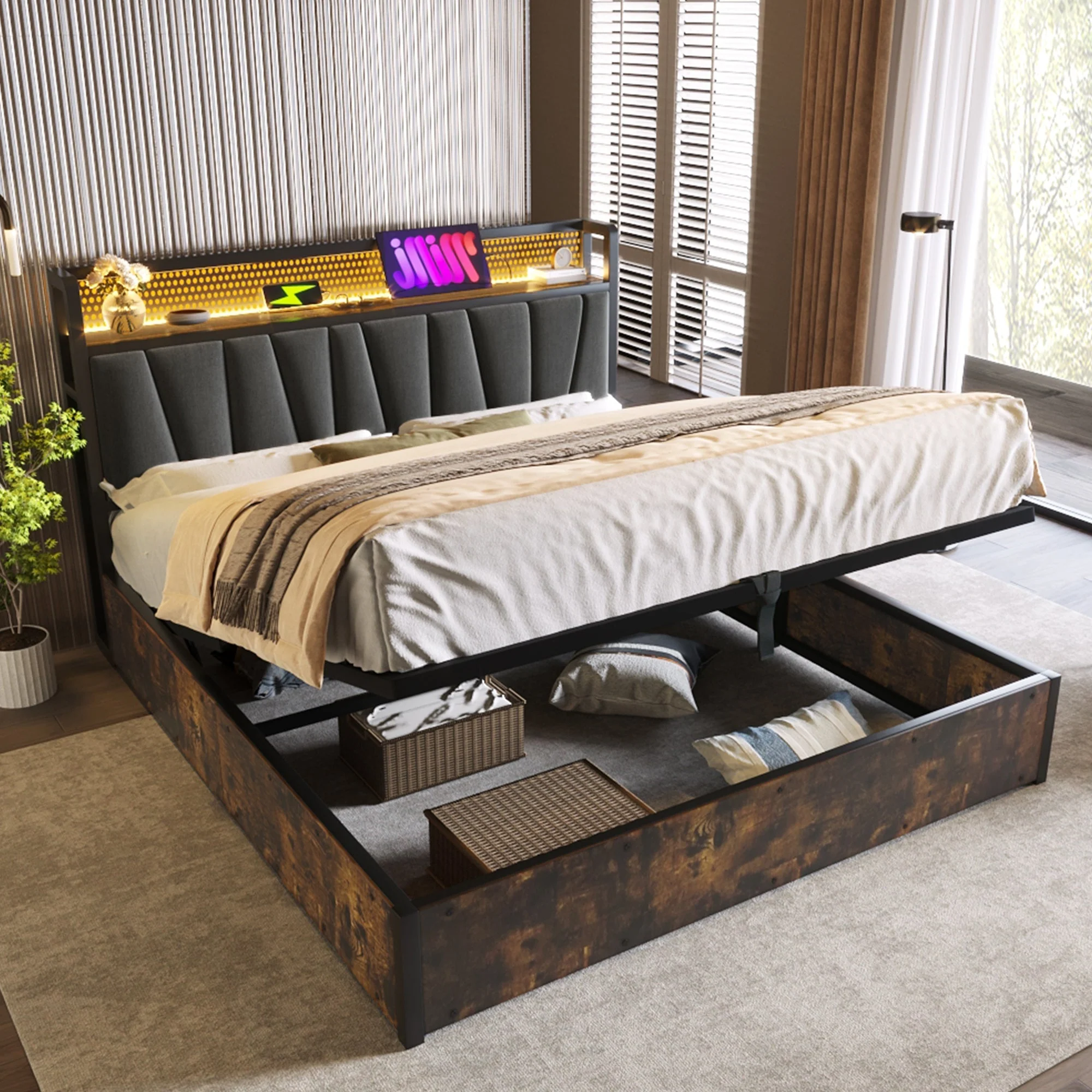 Upholstered Metal Bed with LED App Control, USB Charging and Headboard, 180x200cm, Grey - Image 6