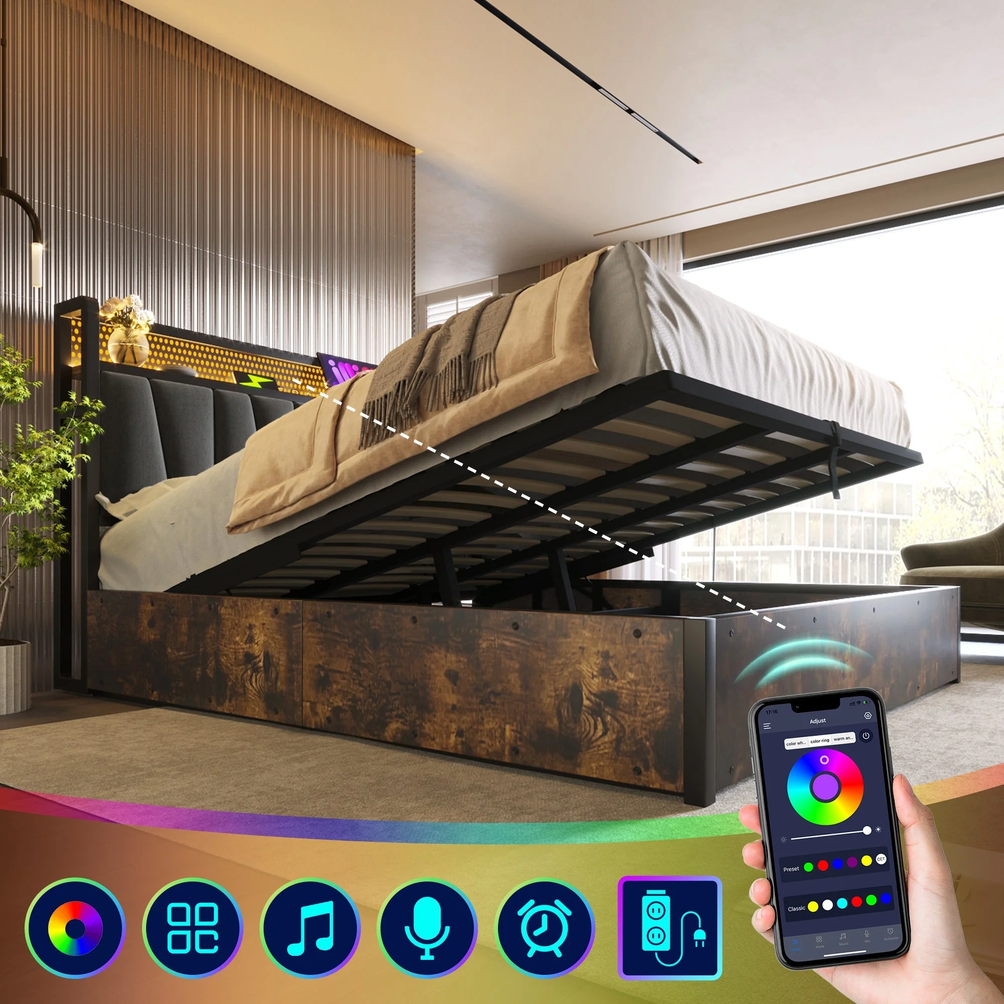 Upholstered Metal Bed with LED App Control, USB Charging and Headboard, 180x200cm, Grey - Image 7