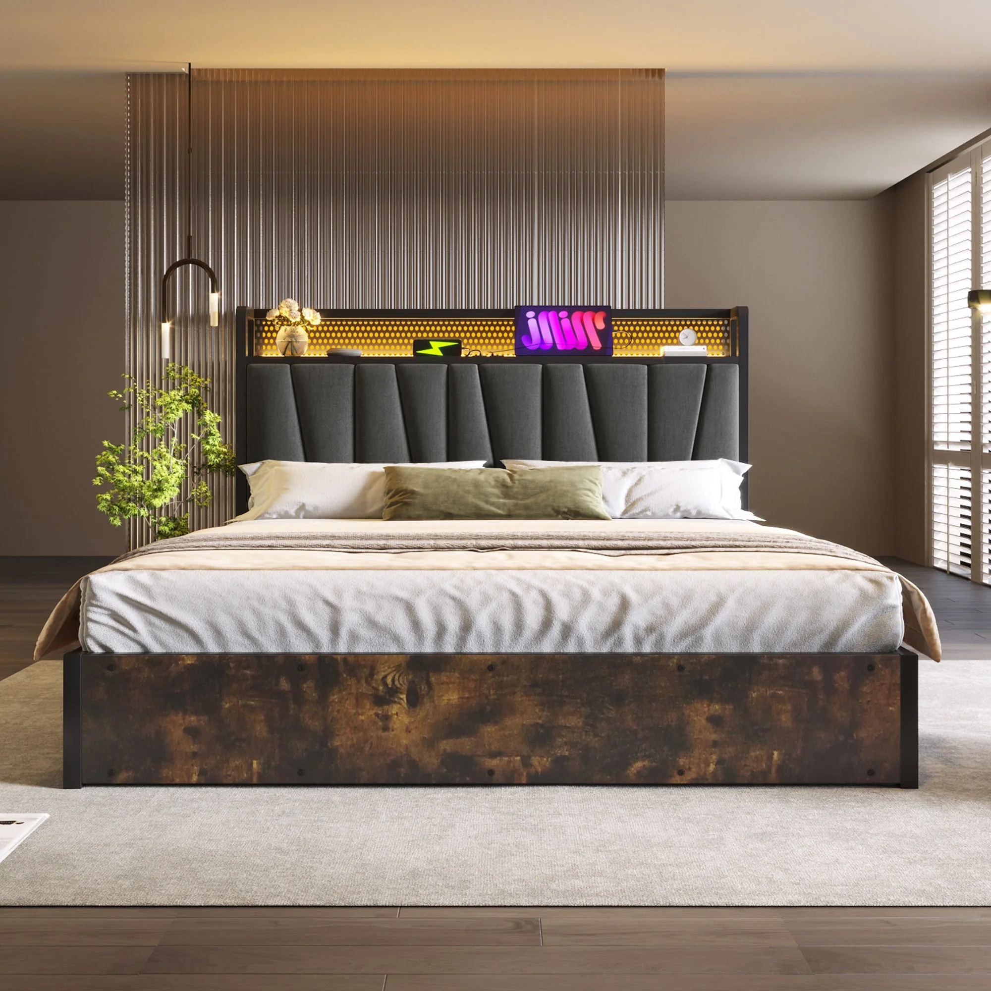 Upholstered Metal Bed with LED App Control, USB Charging and Headboard, 180x200cm, Grey - Image 8