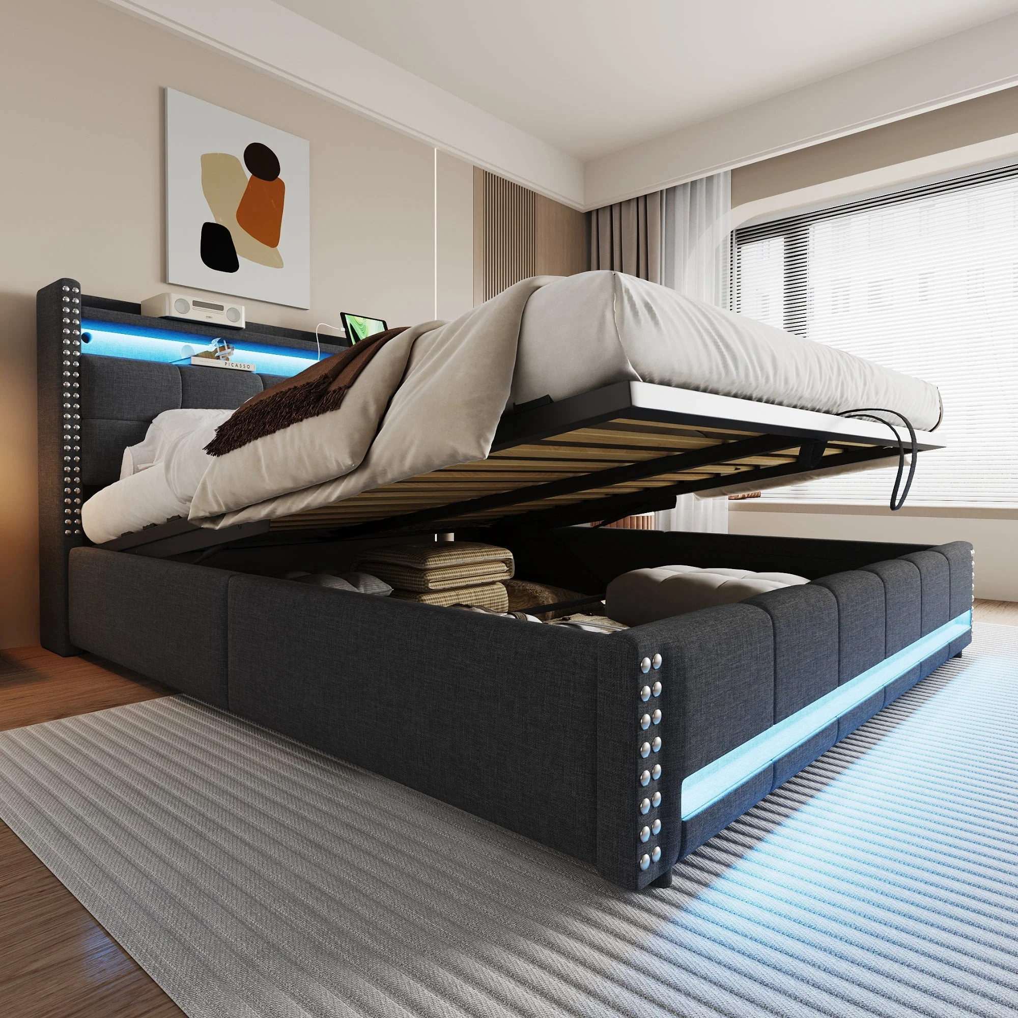 Upholstered Modular Bed with LED Headboard, USB Port and Hydraulic Storage, Gray Linen Fabric - Image 2