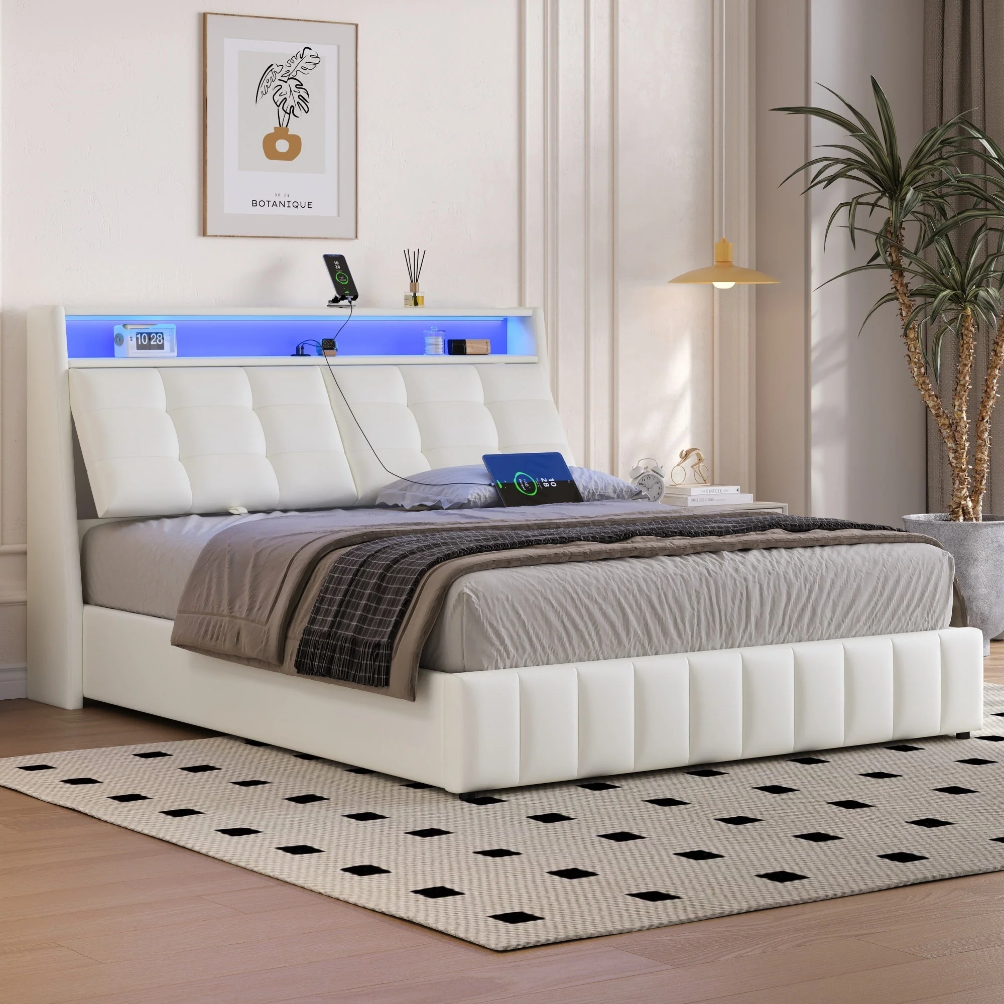 Upholstered Platform Bed 160x200 LED USB Storage Adjustable Headboard - White - Image 2