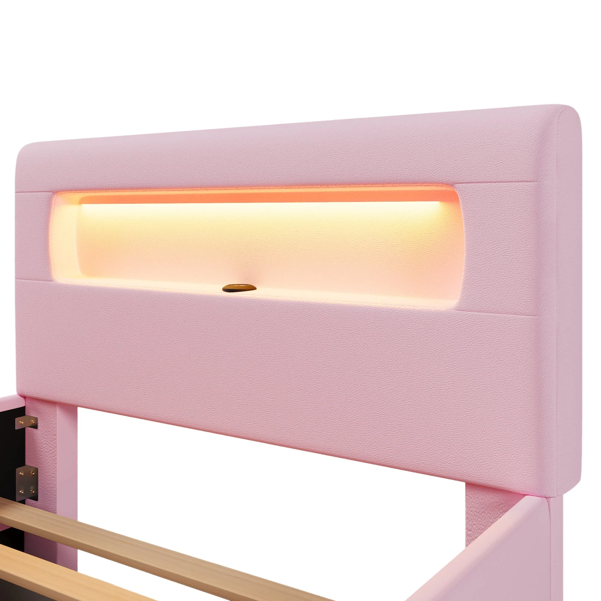 Upholstered Platform Bed 90x200cm Stairs Drawers LED USB Storage Pockets - Pink - Image 6
