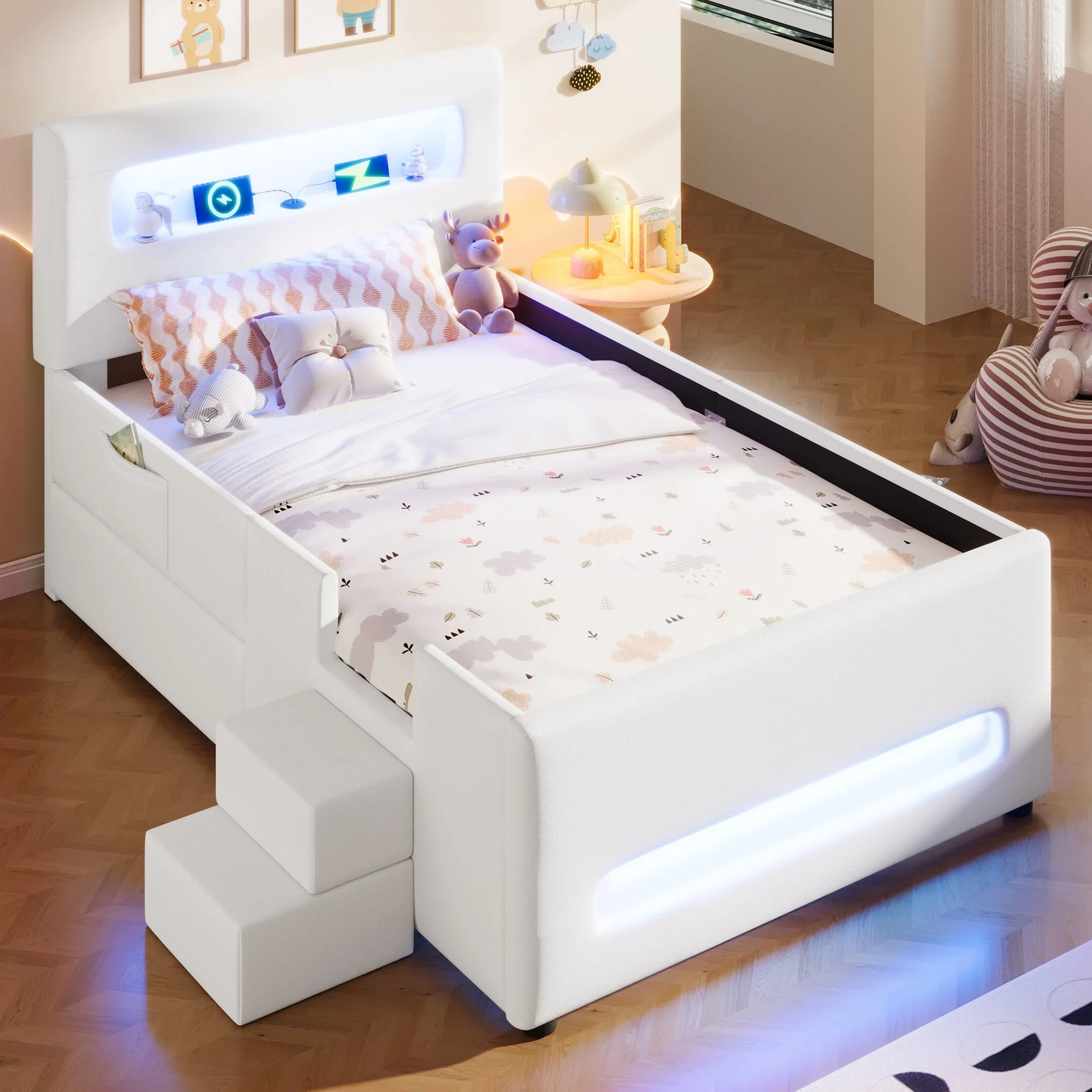 Upholstered Platform Bed 90x200cm Stairs Drawers LED USB Storage Pockets - White - Image 2