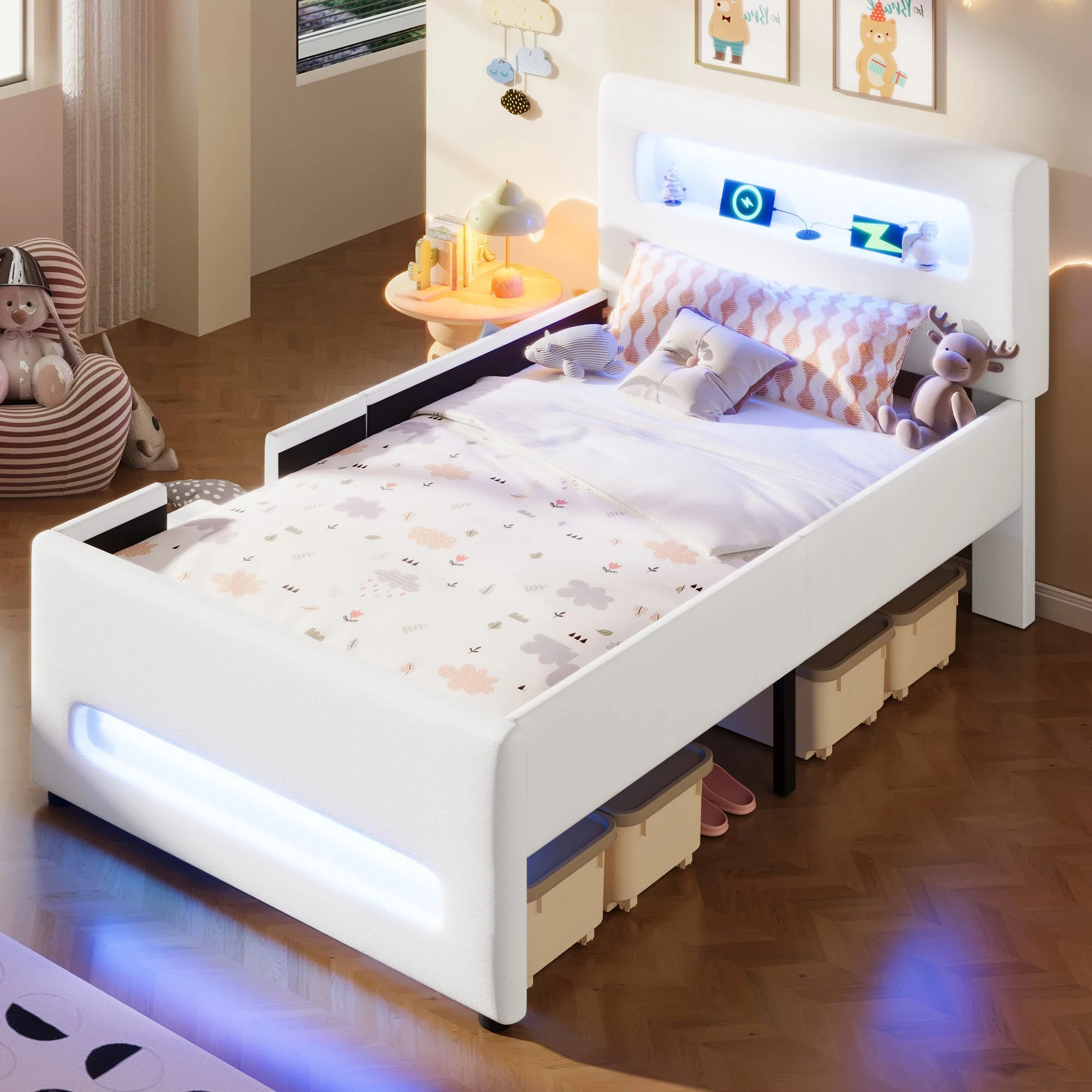 Upholstered Platform Bed 90x200cm Stairs Drawers LED USB Storage Pockets - White - Image 3