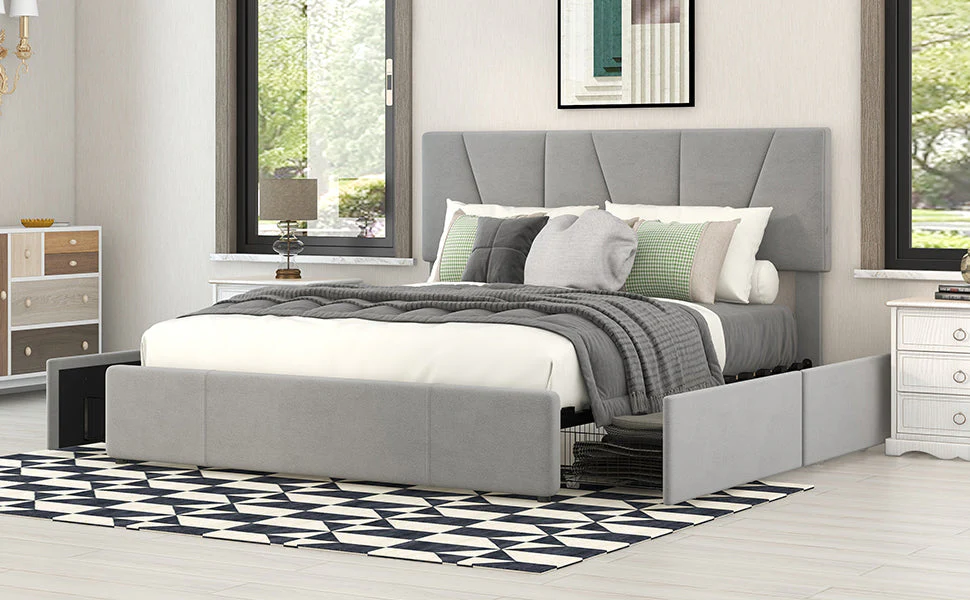 Upholstered Platform Bed Double Size 140x200cm 4 Drawers Adjustable Headboard Grey - Image 5