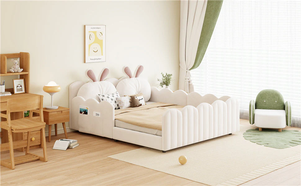 Upholstered Platform Bed with Rabbit-Shaped Cushions, 140x200cm, Beige Velvet - Image 5