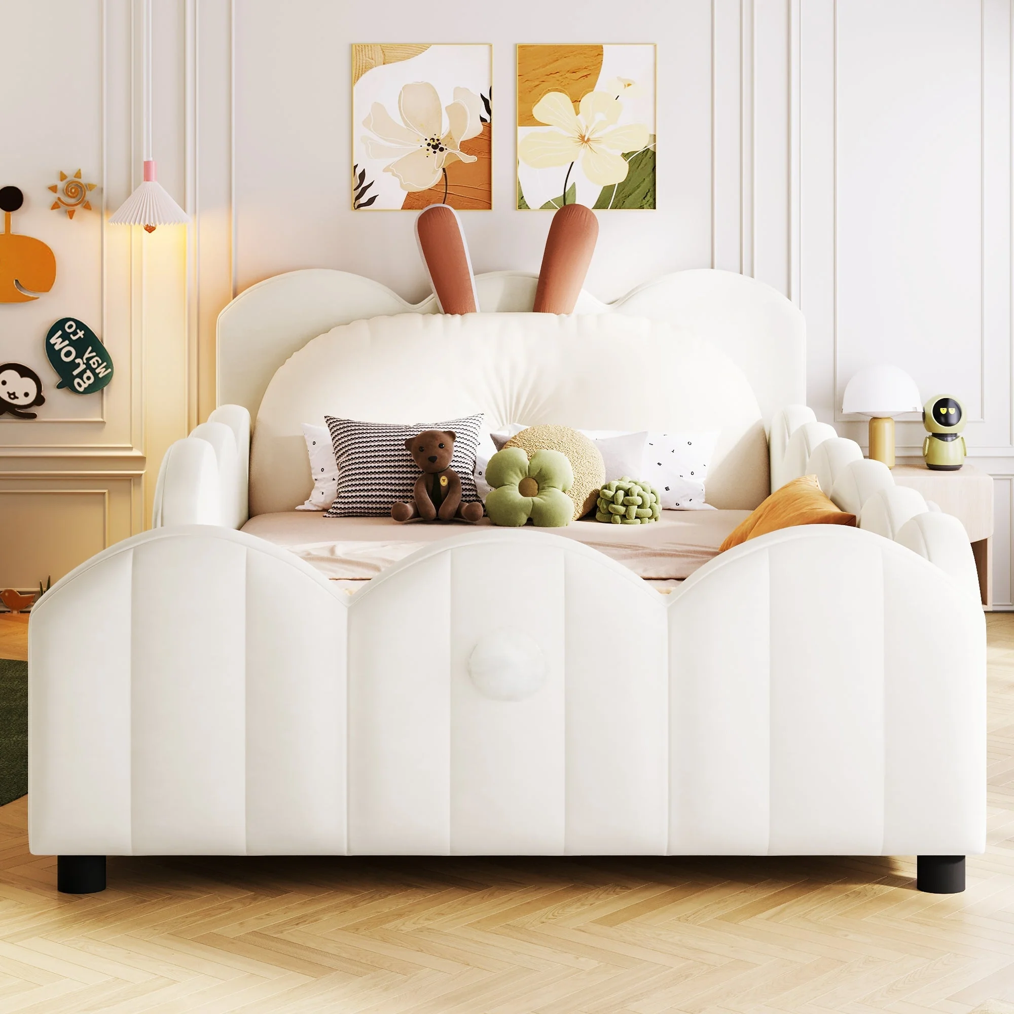 Upholstered Platform Bed with Rabbit-Shaped Cushions, 90x200cm, Beige - Image 3