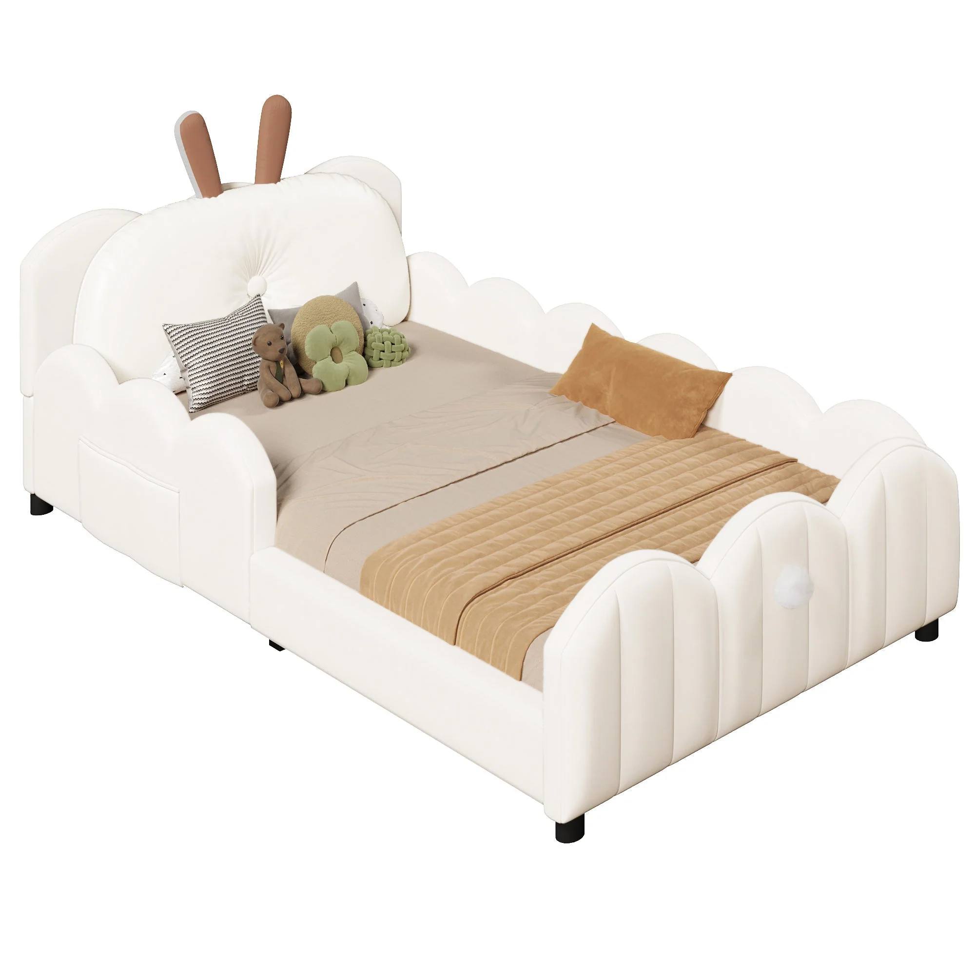 Upholstered Platform Bed with Rabbit-Shaped Cushions, 90x200cm, Beige - Image 4