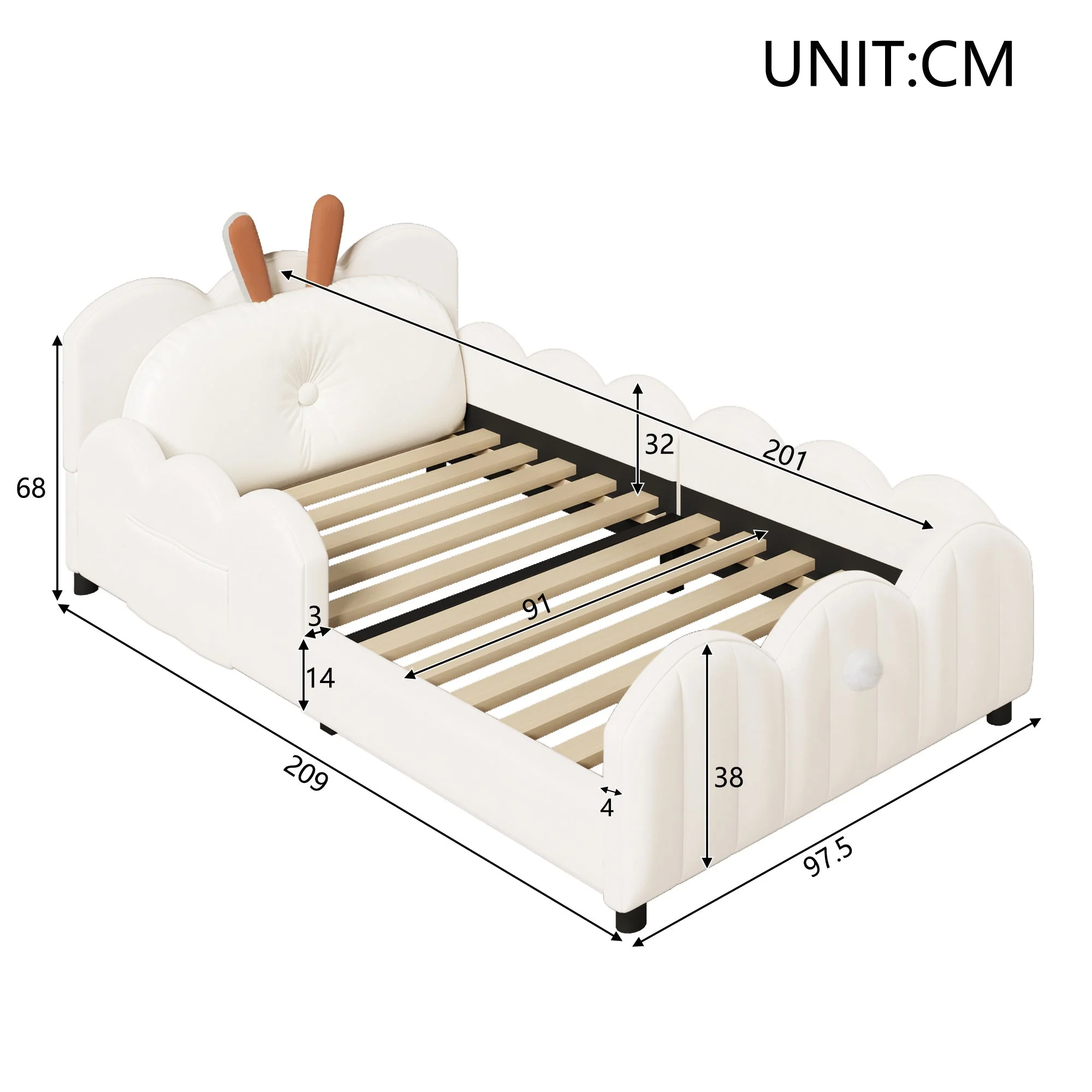 Upholstered Platform Bed with Rabbit-Shaped Cushions, 90x200cm, Beige - Image 5