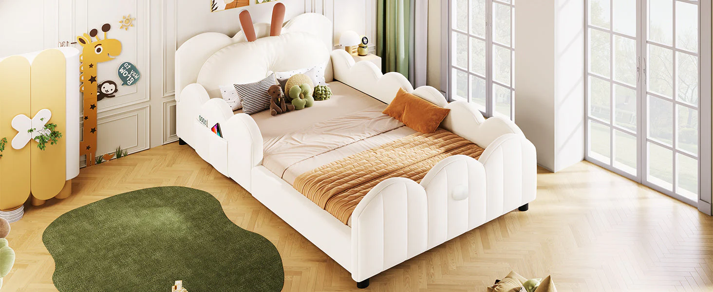 Upholstered Platform Bed with Rabbit-Shaped Cushions, 90x200cm, Beige - Image 7