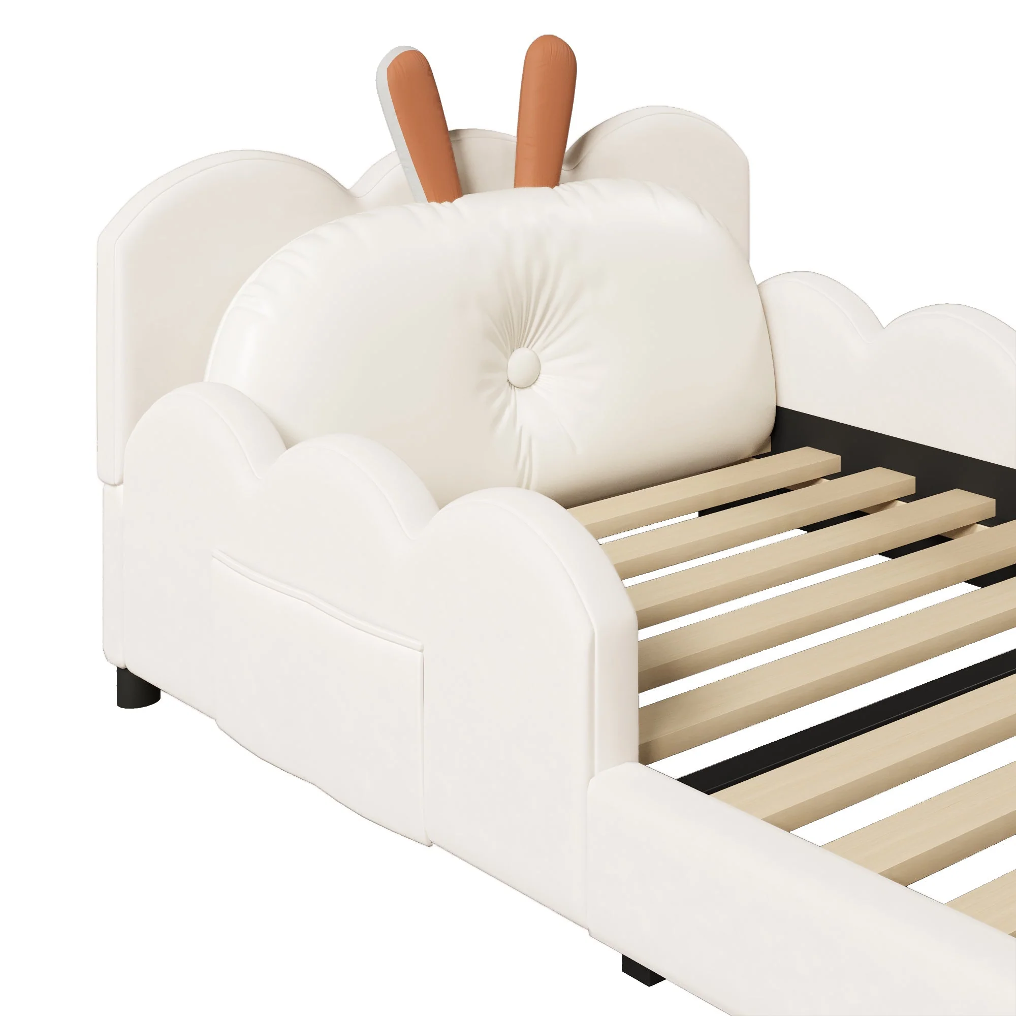 Upholstered Platform Bed with Rabbit-Shaped Cushions, 90x200cm, Beige - Image 8