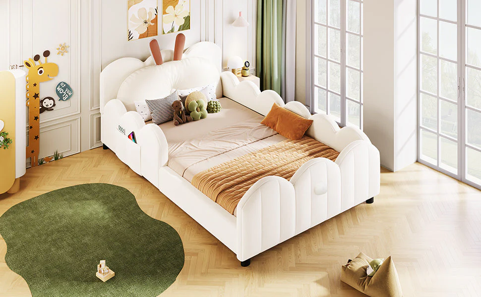 Upholstered Platform Bed with Rabbit-Shaped Cushions, 90x200cm, Beige - Image 9