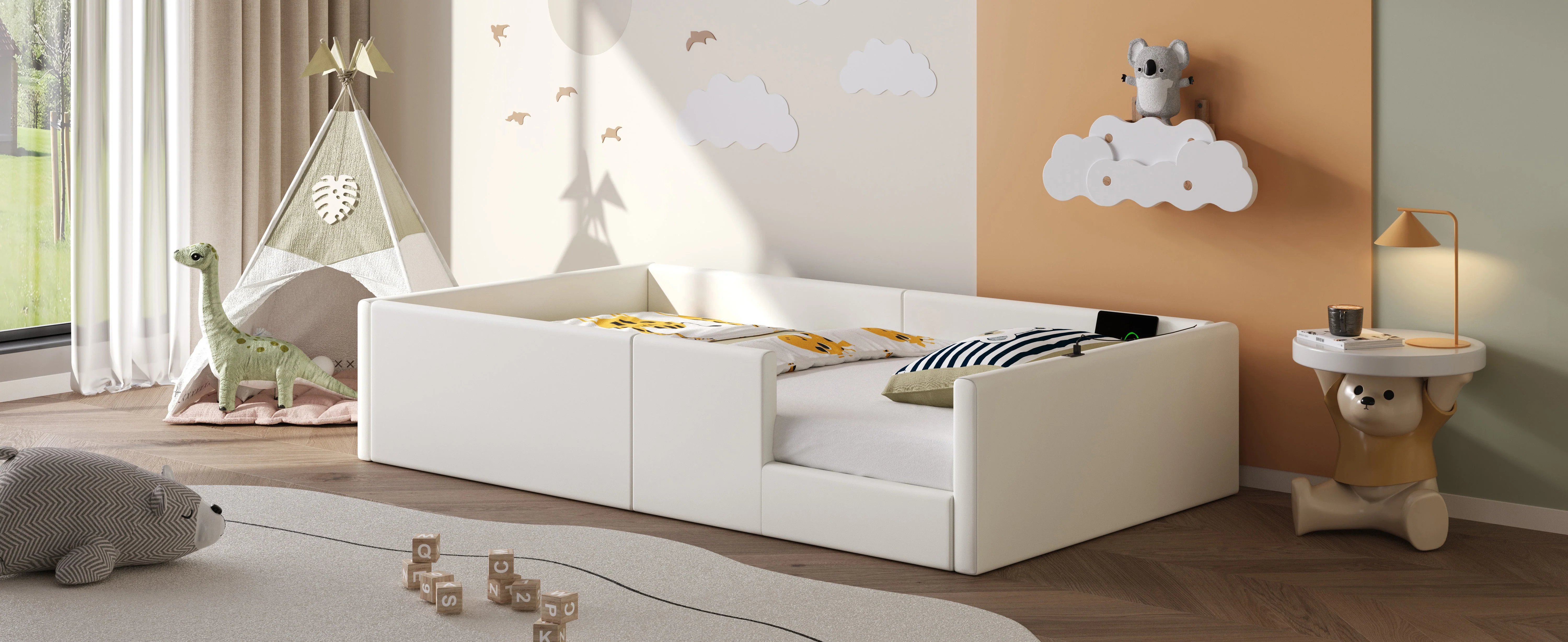 Upholstered Platform Bed with Safety Railing and Charging Station, 90x200cm, White Velvet - Image 8